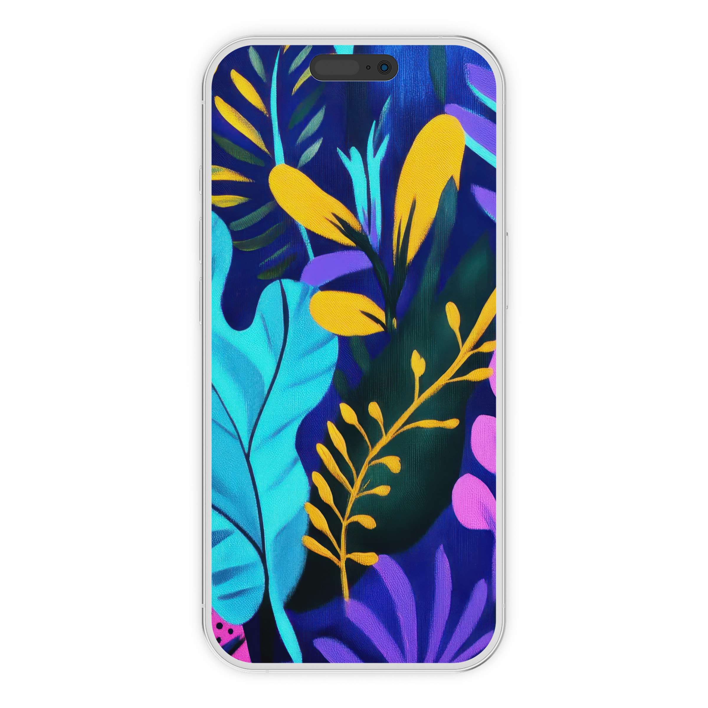 Vibrant pop art iPhone wallpaper featuring lush tropical leaves in bold blues and yellows for a calming digital download phone background