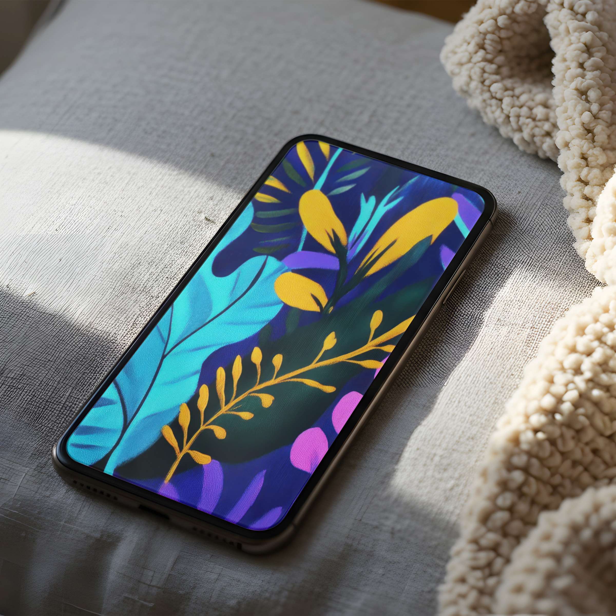 Vivid botanical phone wallpaper with rich teal, yellow, and purple hues on cozy cushion backdrop, perfect for high-resolution iPhone download