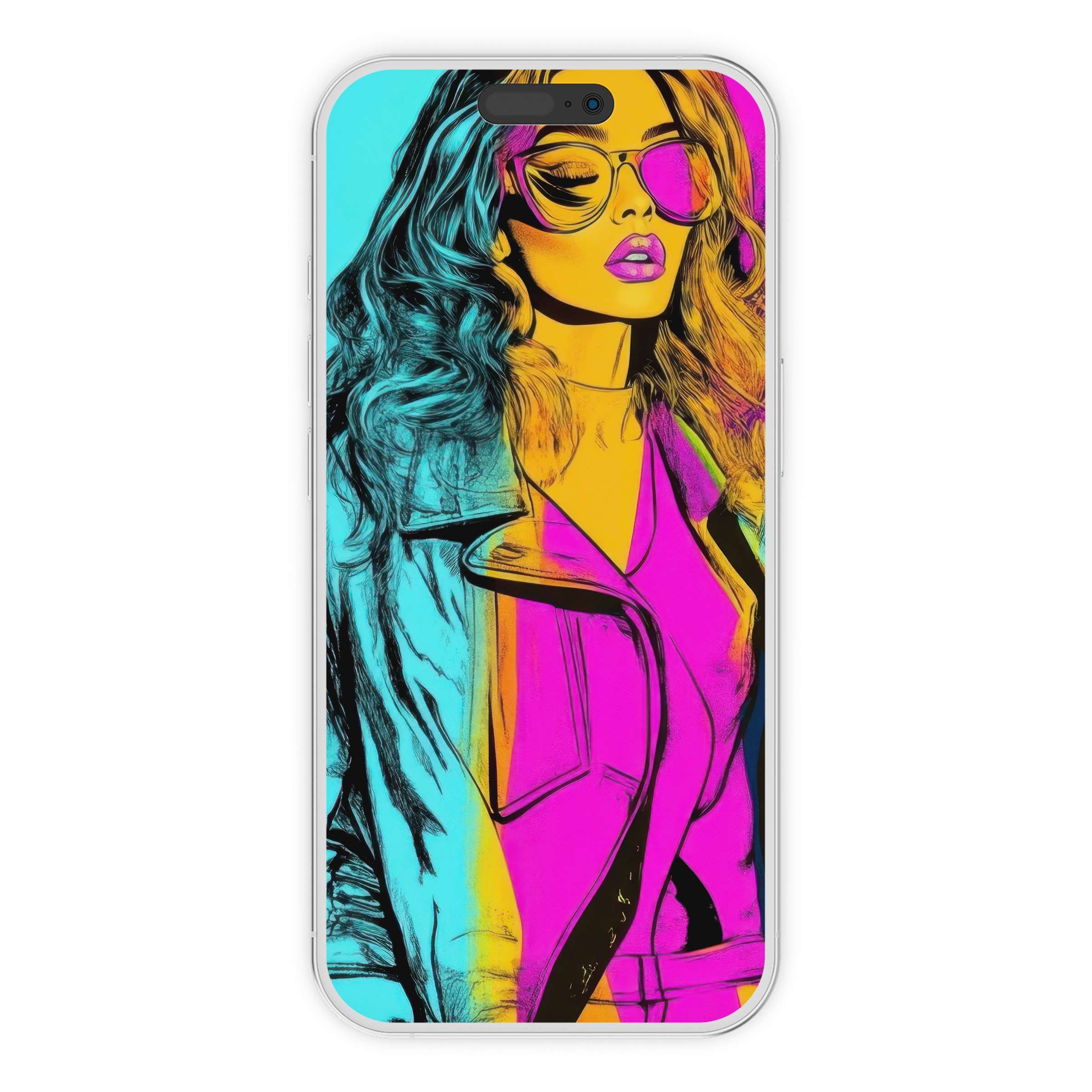 Vibrant pop art iPhone wallpaper featuring a stylish woman in vivid colors creating an elegant phone background for digital download