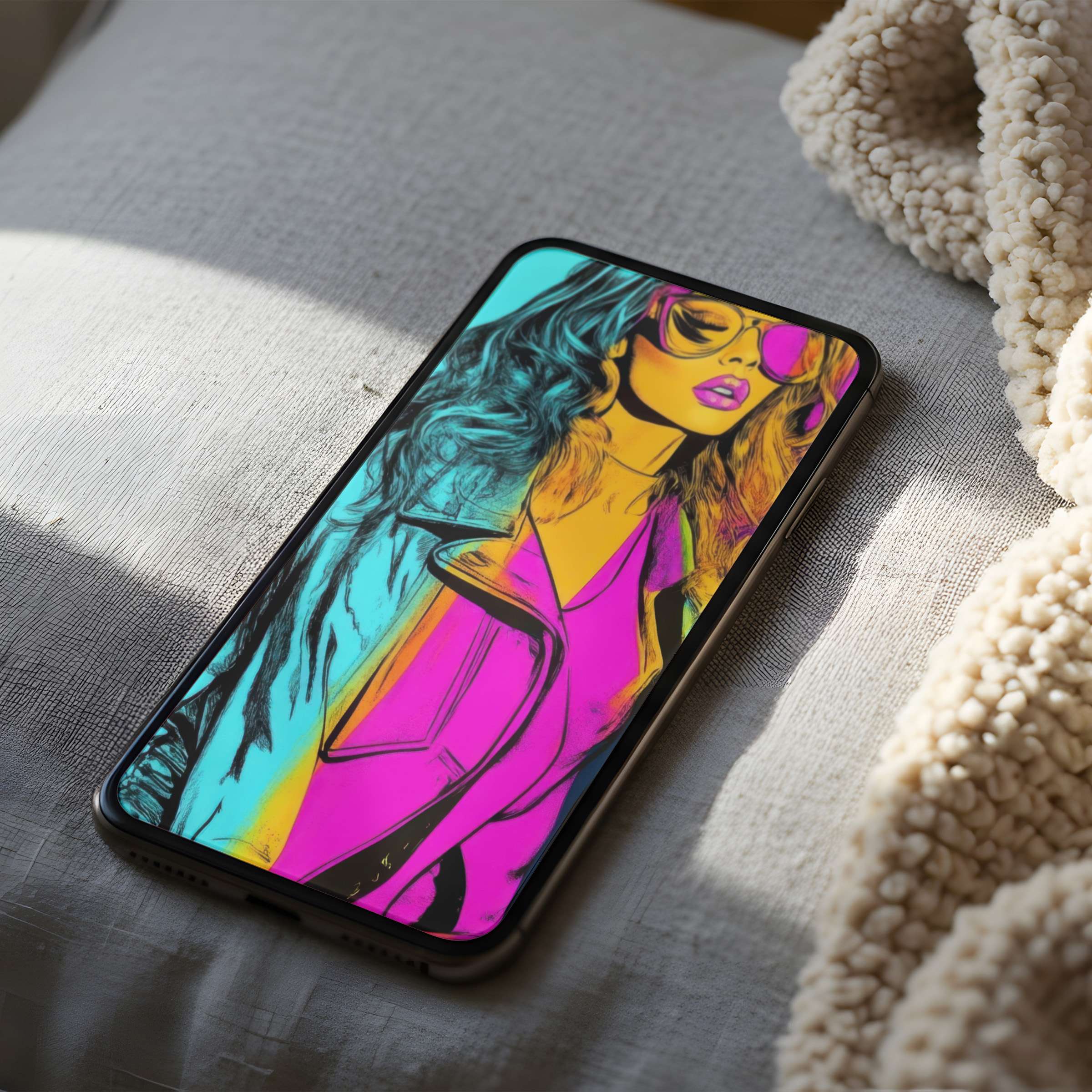Vibrant phone wallpaper featuring pop art style in neon pink and blue tones suitable for iPhone and android digital download