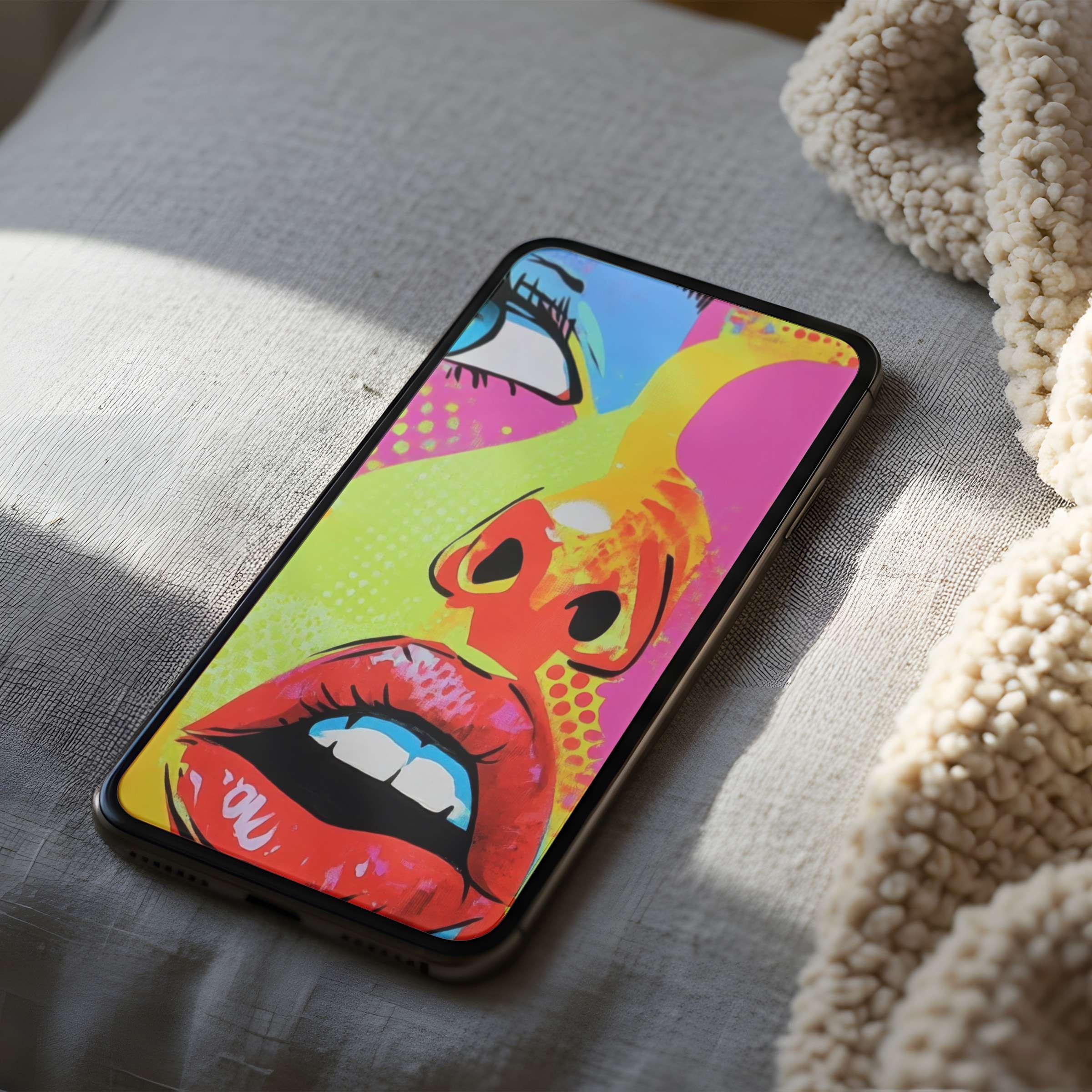 Vibrant pop art-inspired phone wallpaper with retro colors on iPhone screen, perfect for creative flair and digital download versatility