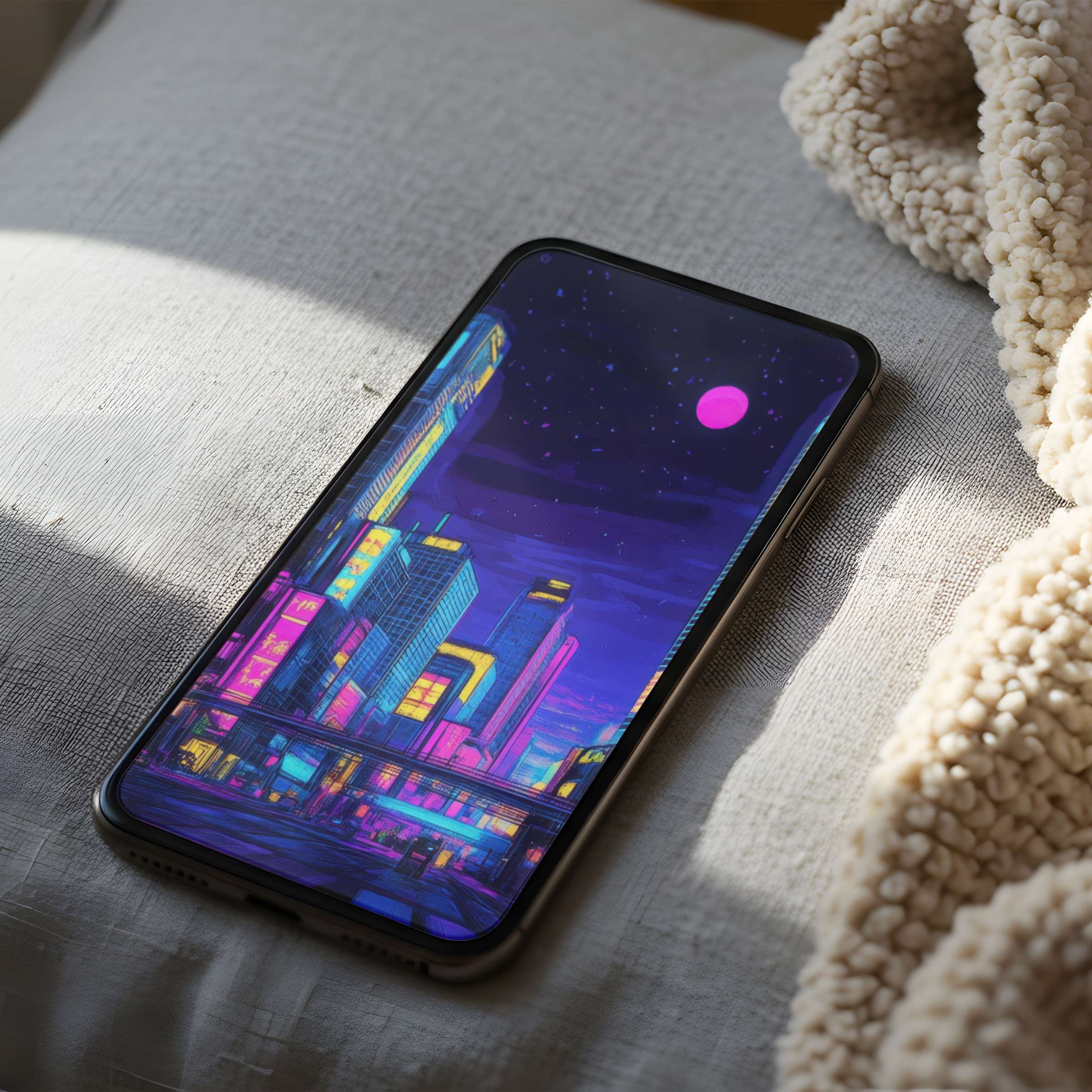 Vibrant cityscape phone wallpaper with neon hues and serene night sky, perfect for high resolution iPhone and Android download
