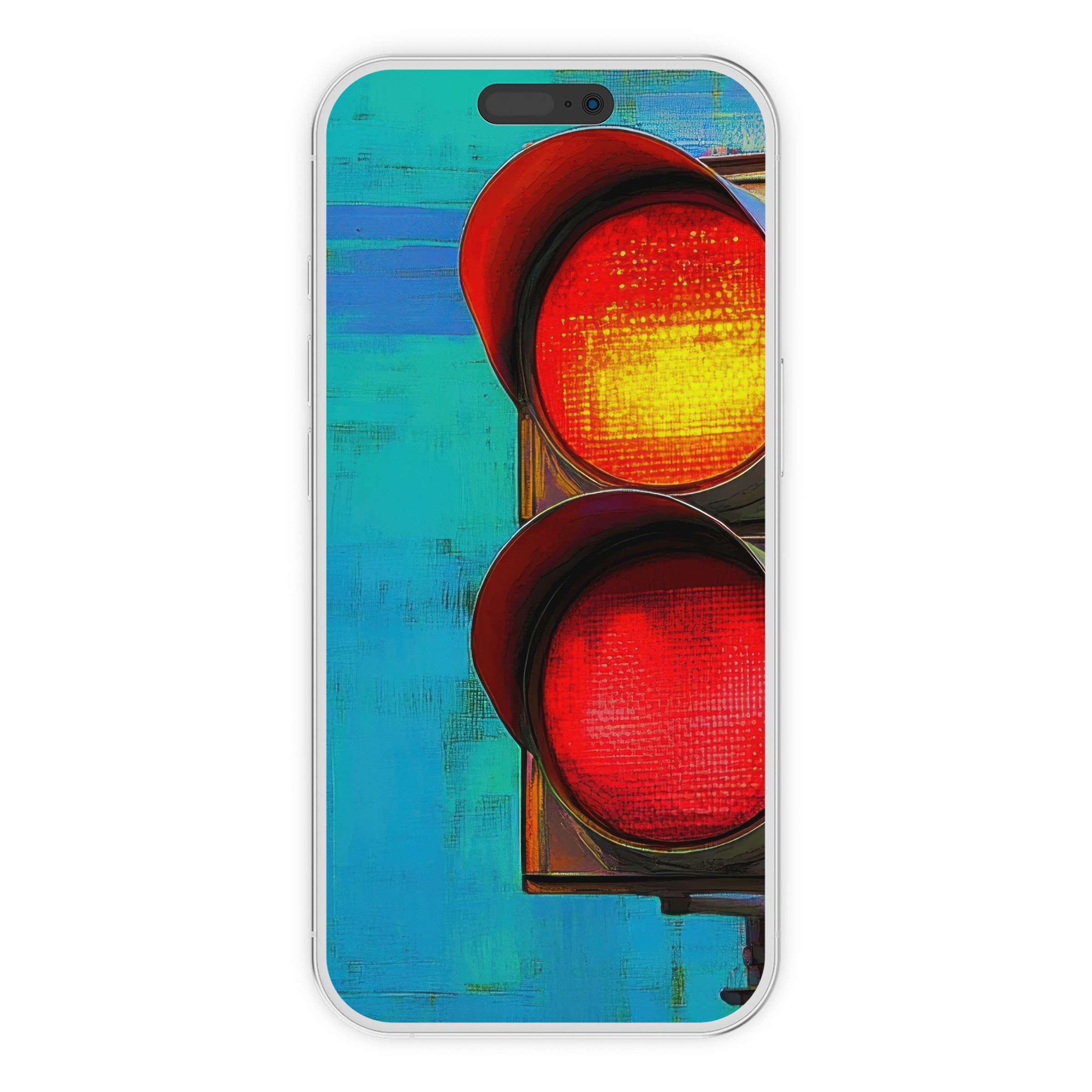 Vibrant pop art iPhone wallpaper featuring a bold red traffic light against a cool blue canvas phone background digital download