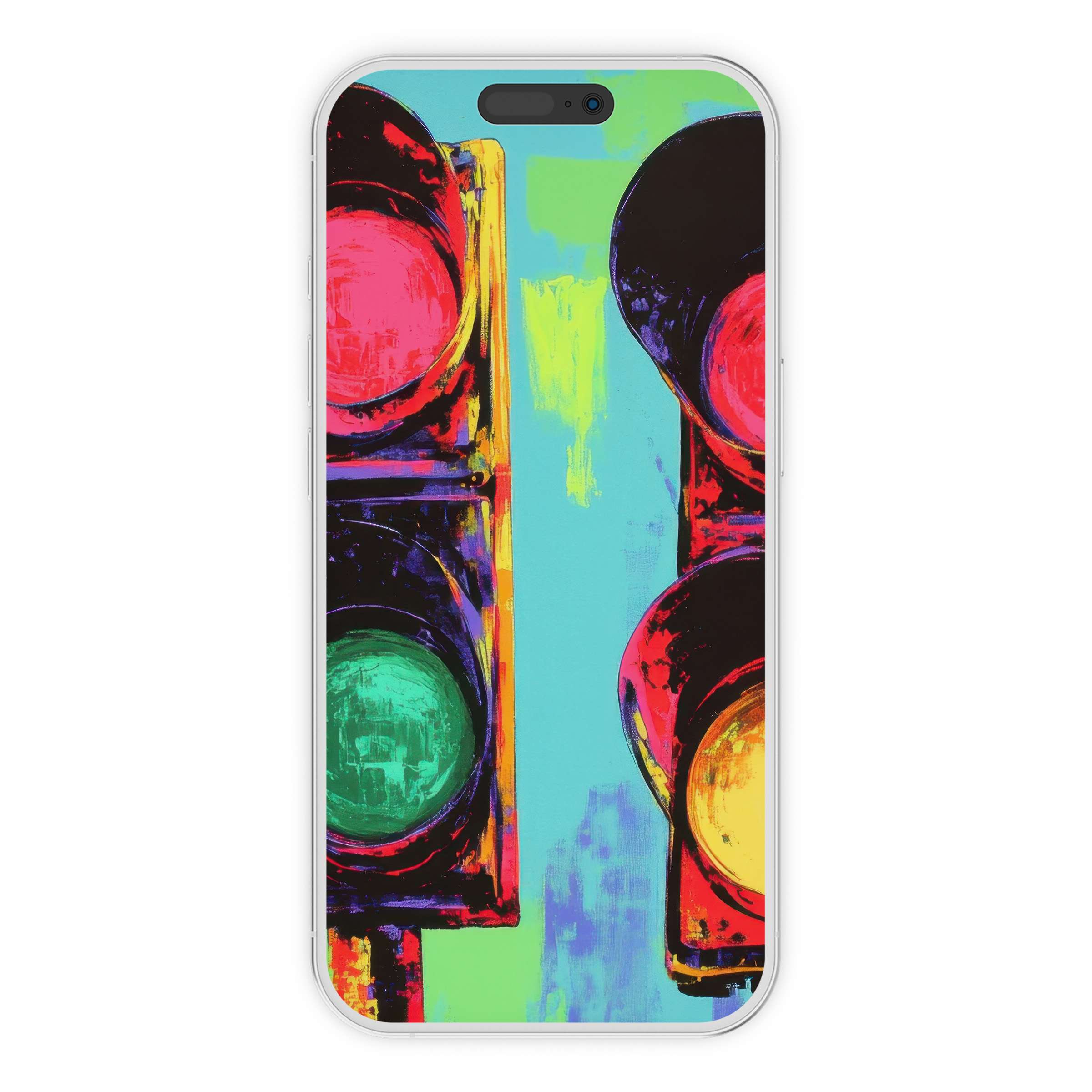 Vibrant pop art iPhone wallpaper featuring abstract traffic lights for a unique phone background digital download, colorful and modern