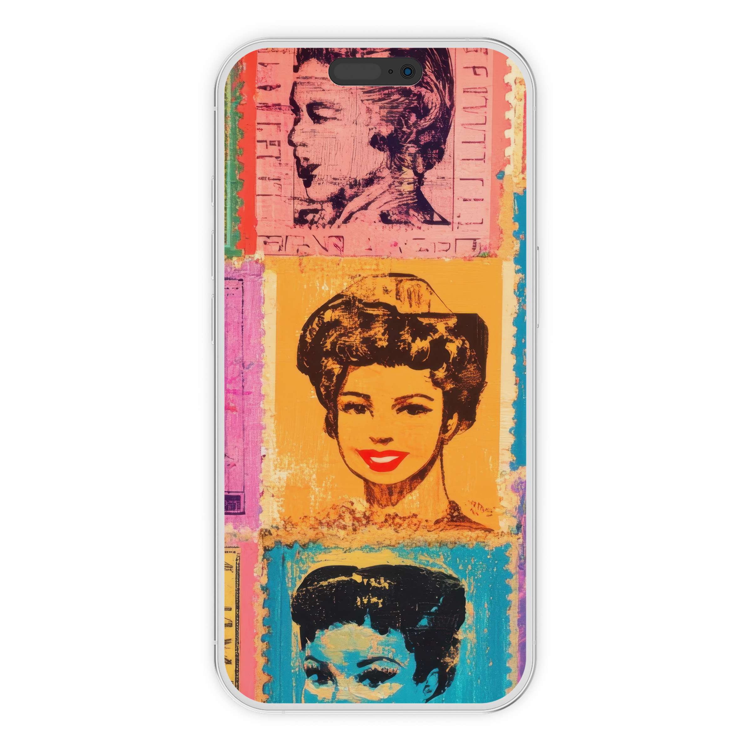 Vibrant pop art iPhone wallpaper with retro portraits, colorful tones; digital download offers a stylish phone background upgrade