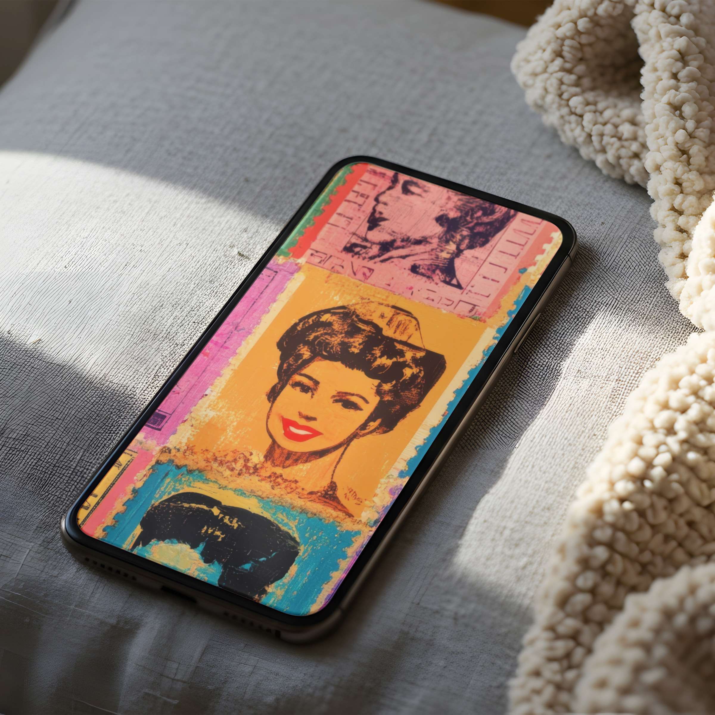 Retro-inspired phone wallpaper in vibrant pastels offers a high-resolution digital download for iPhone and Android, enhancing tranquility