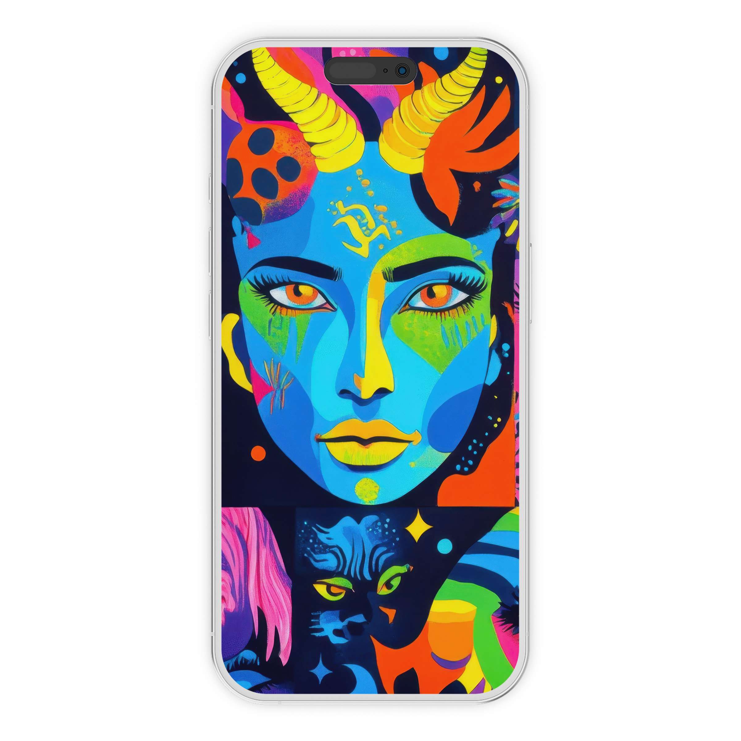 Vibrant pop art iPhone wallpaper with a colorful, abstract face design, ideal phone background for digital download, enhancing style