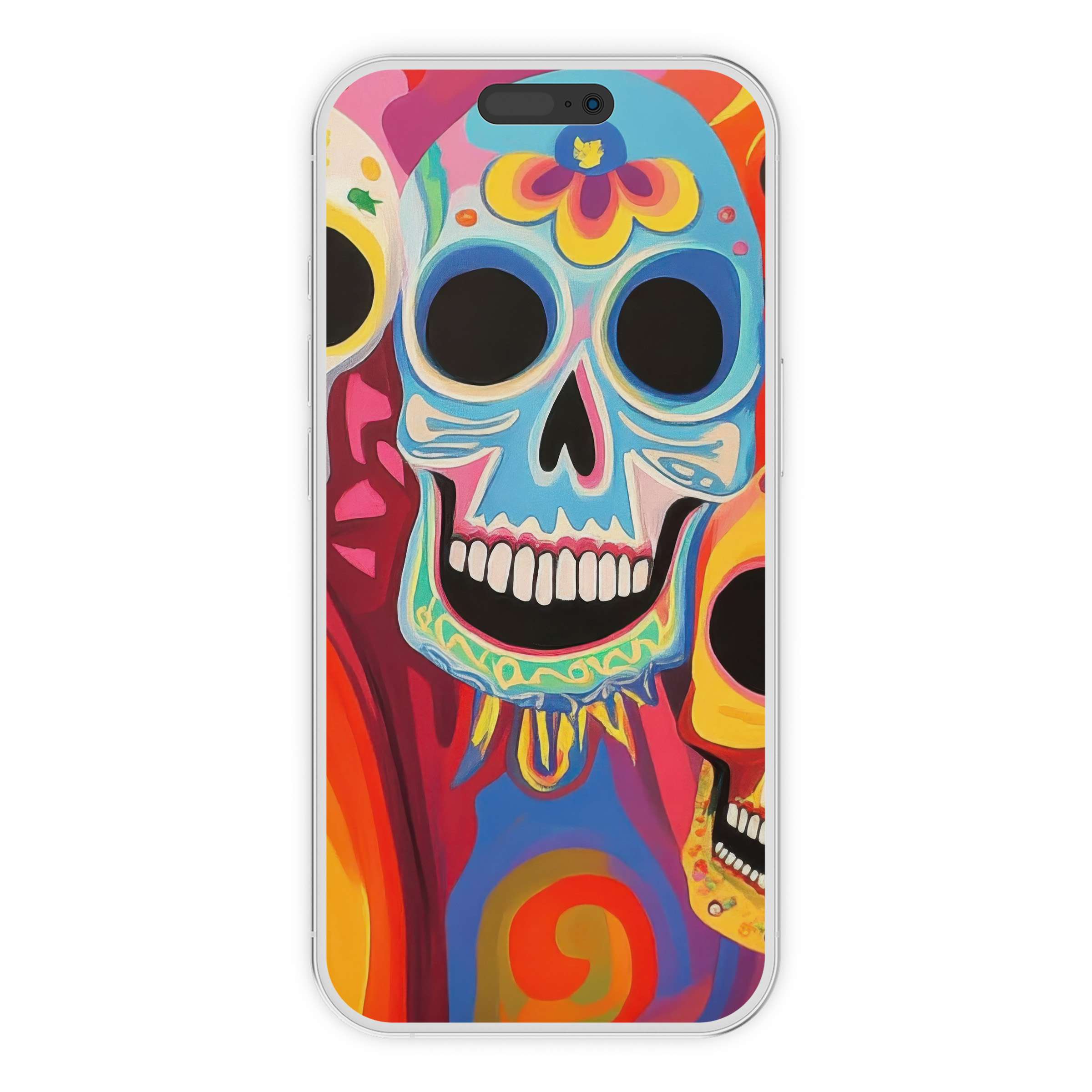 Vibrant skull-themed pop art iPhone wallpaper digital download offers a lively phone background with bold colors and dynamic textures