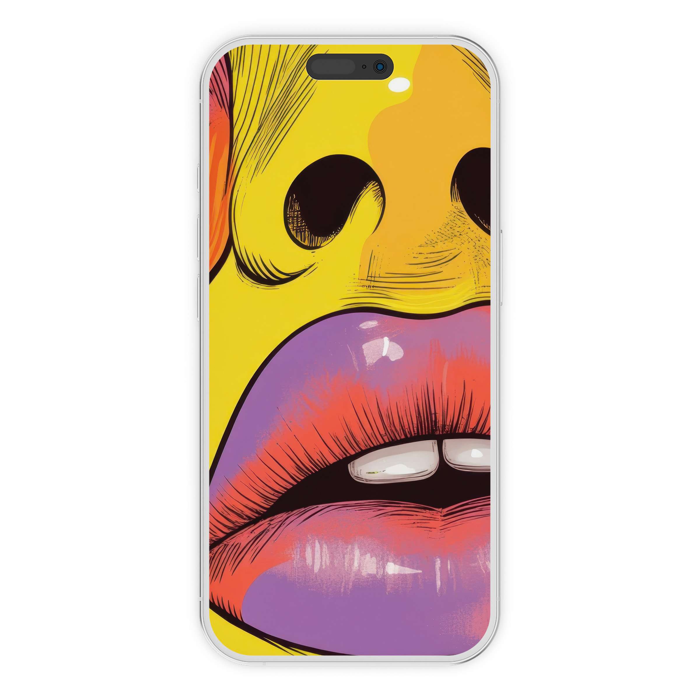 Vibrant pop art iPhone wallpaper with abstract lips in bold yellow and pink hues, perfect digital download for phone background