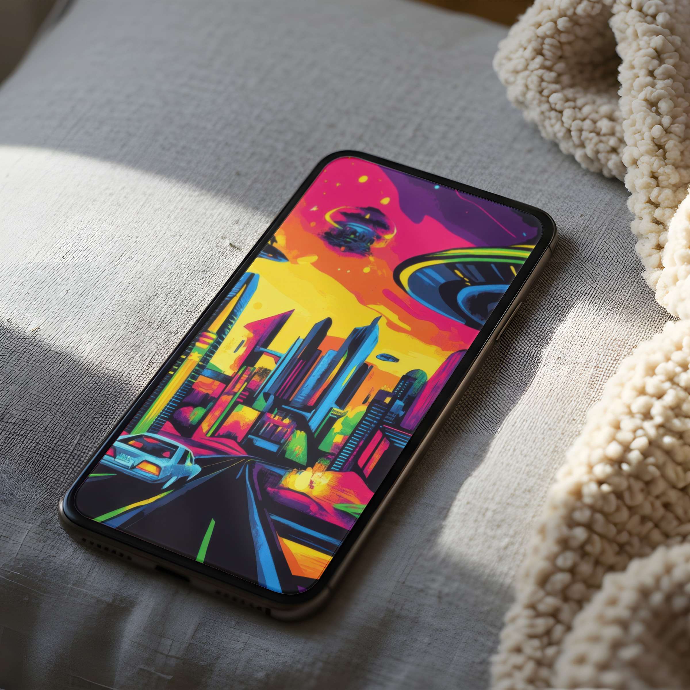 Vibrant futuristic cityscape phone wallpaper in high resolution adds elegance and calm to your iPhone or Android, ideal for digital download