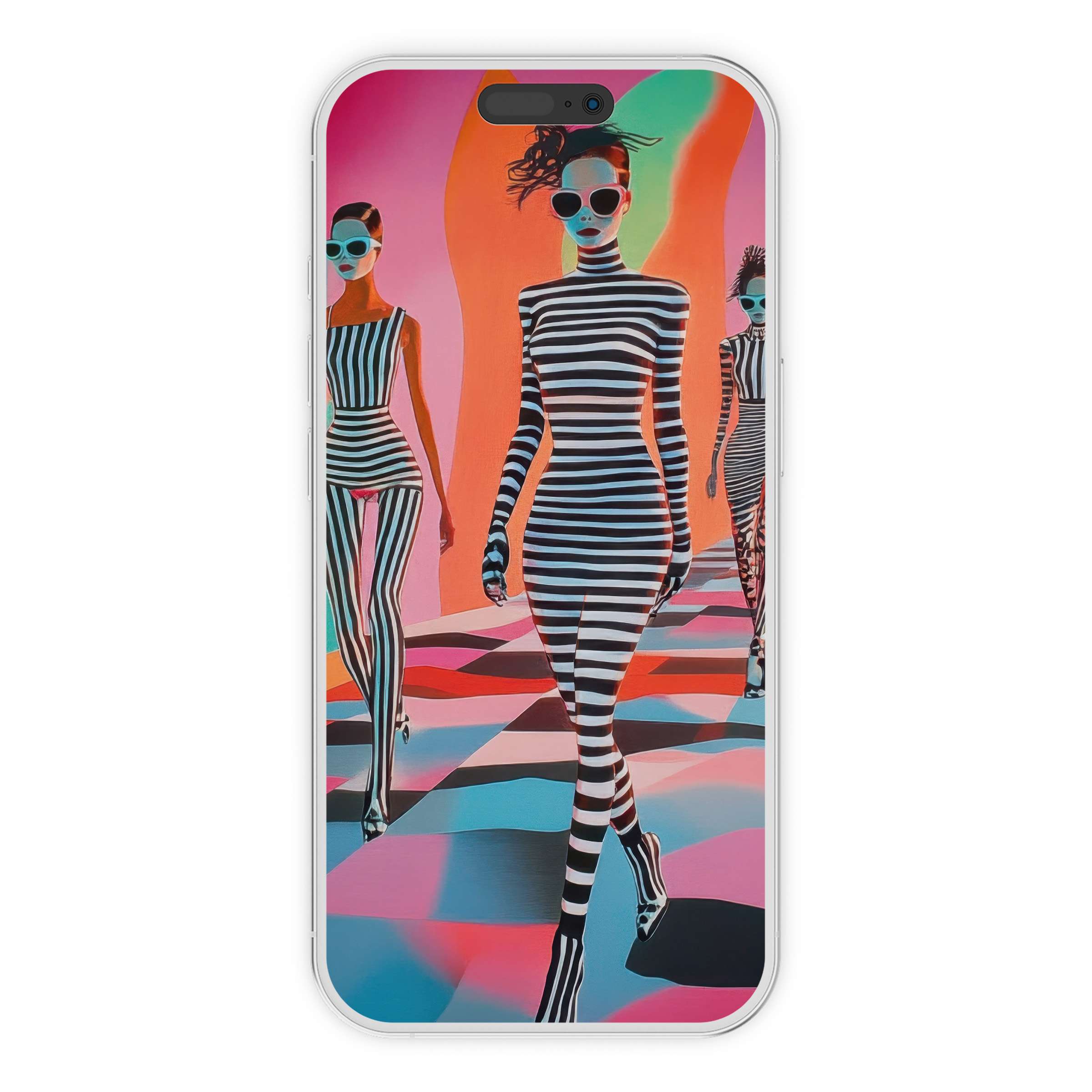 Vibrant pop art iPhone wallpaper features bold stripes and modern figures, perfect phone background and digital download for stylish calm