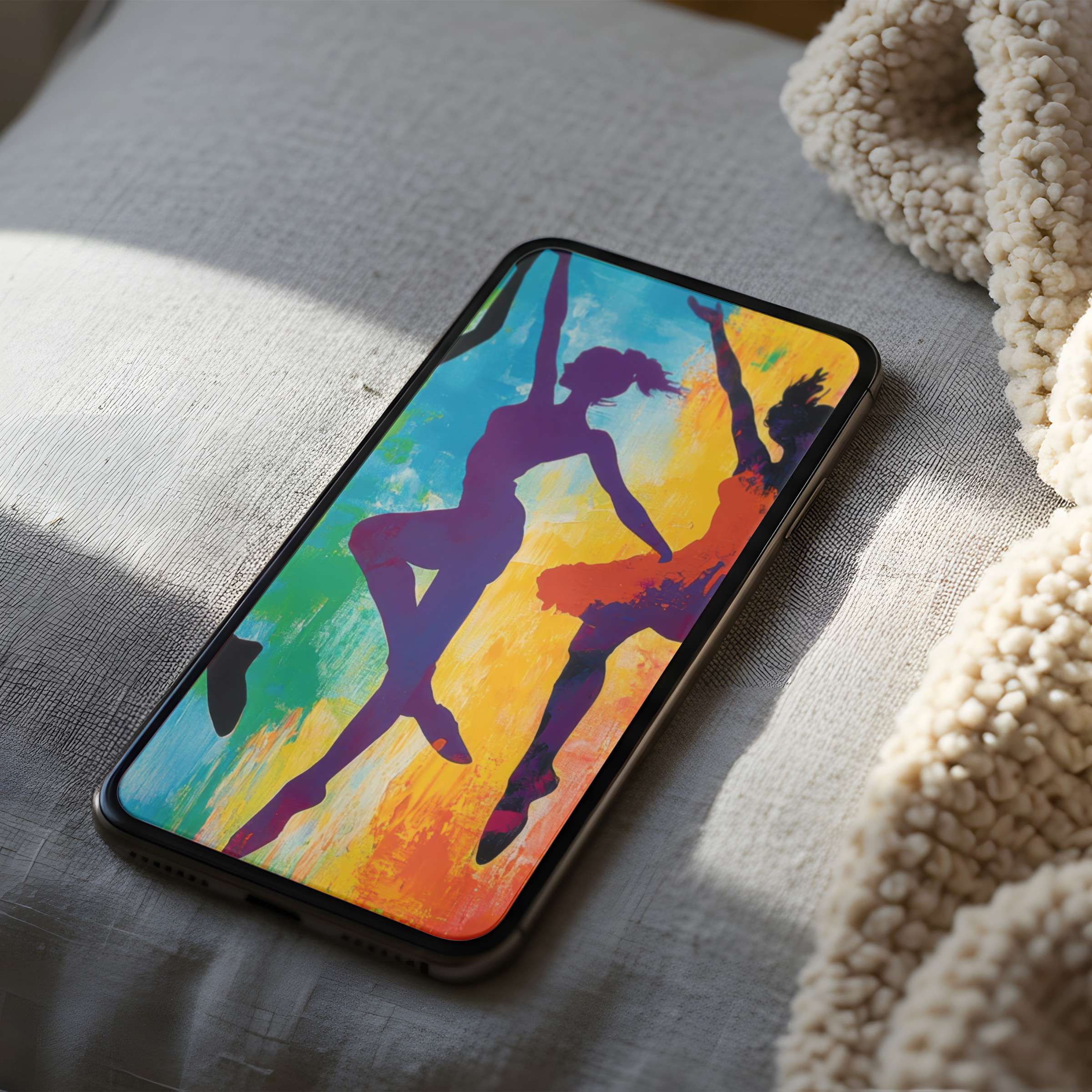 Elegant dancers silhouetted on a colorful abstract backdrop create a calming phone wallpaper, perfect for iPhone and Android downloads