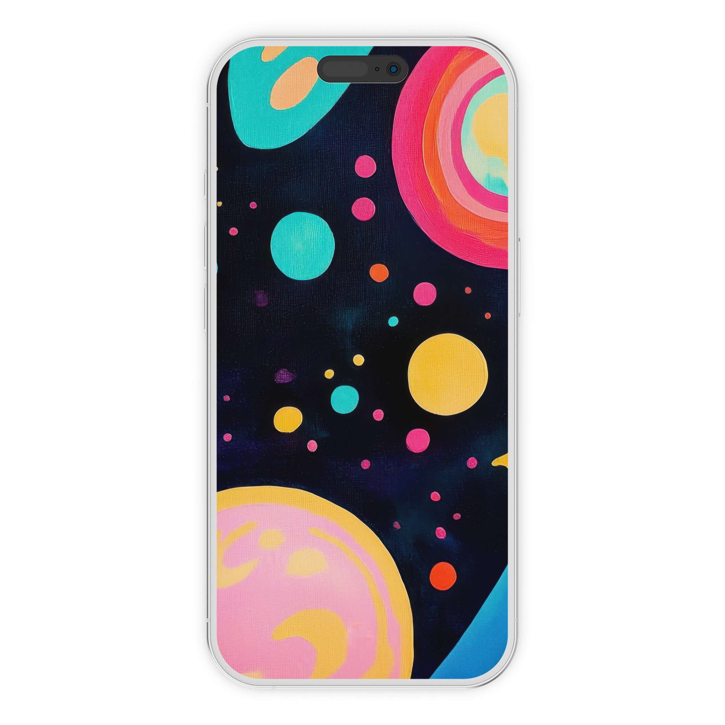 Vibrant pop art iPhone wallpaper featuring colorful planetary orbs on a dark phone background digital download for unique style
