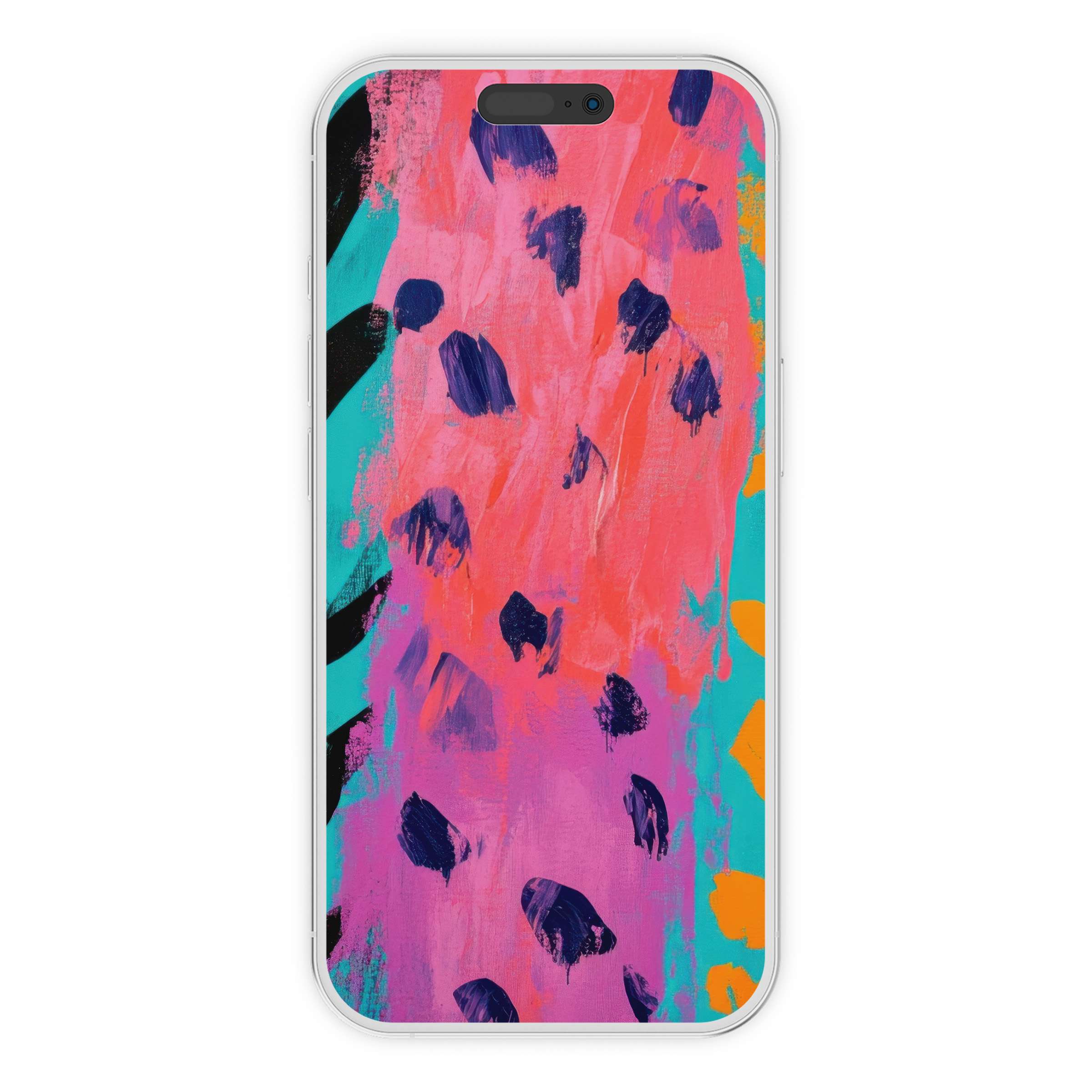 Vibrant pop art iPhone wallpaper with bold pink, teal, and orange strokes, perfect digital download for an artistic phone background