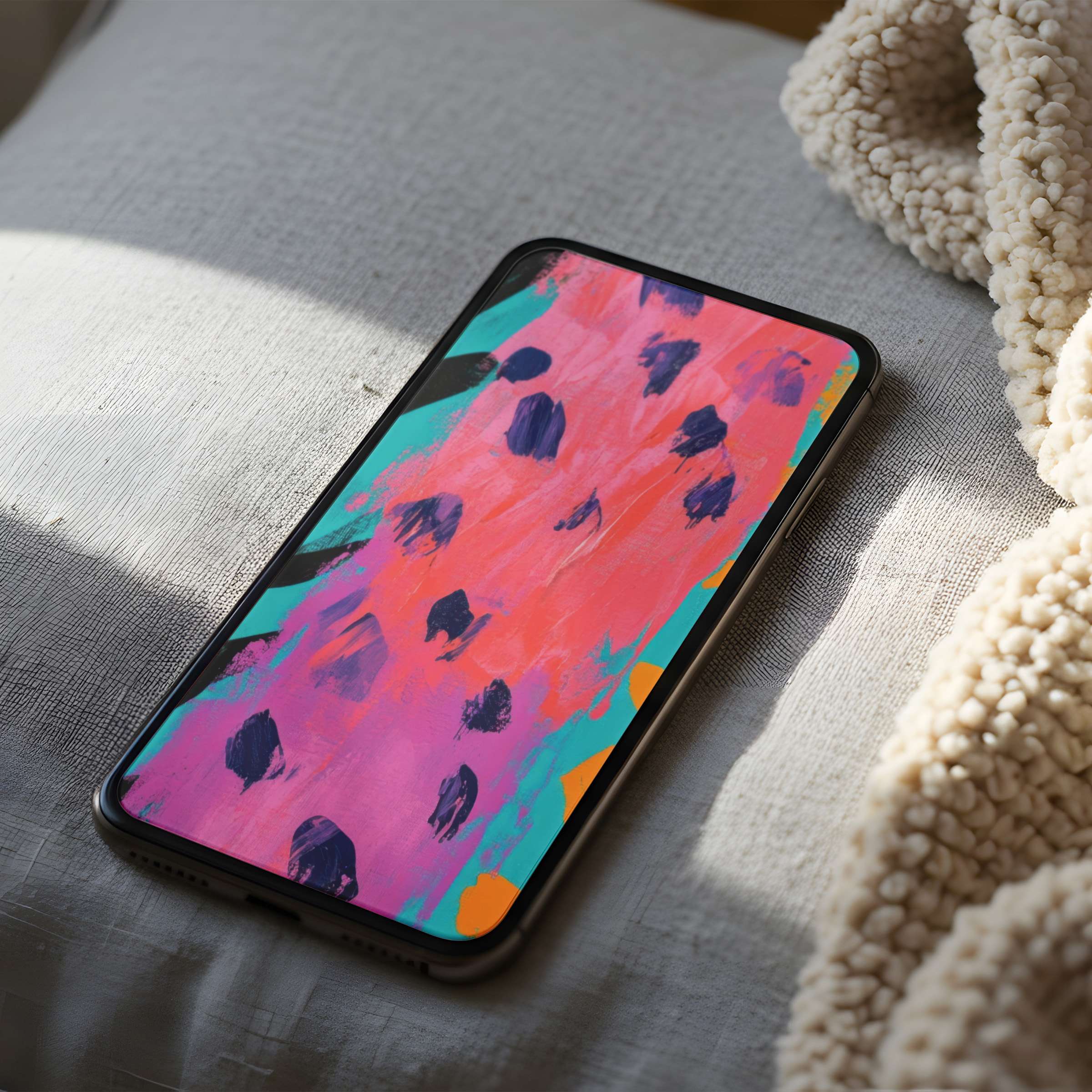 High-resolution phone wallpaper featuring vibrant abstract art with pink, turquoise, and orange hues, ideal for calming elegance on iPhone or Android