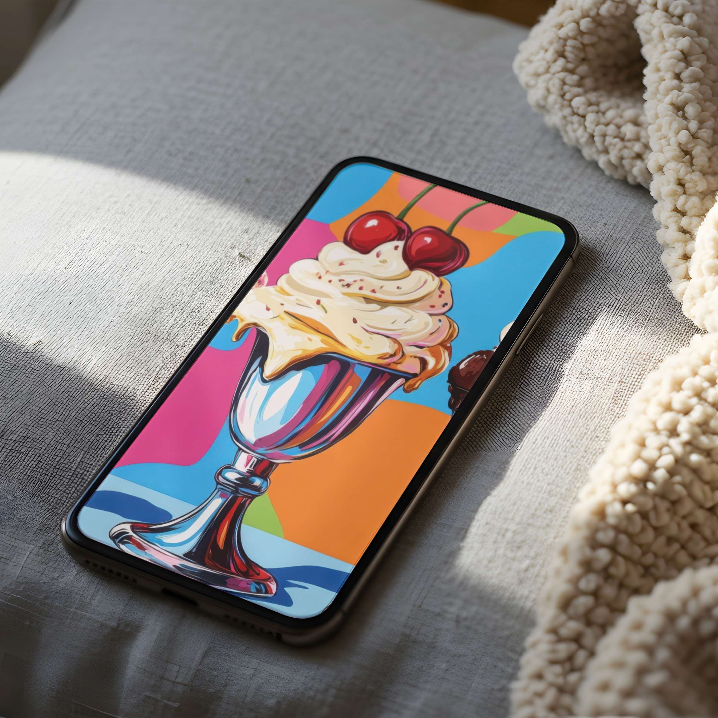 High resolution phone wallpaper featuring vibrant ice cream art in a sundae glass with cherries on a serene linen backdrop suitable for iPhone and Android