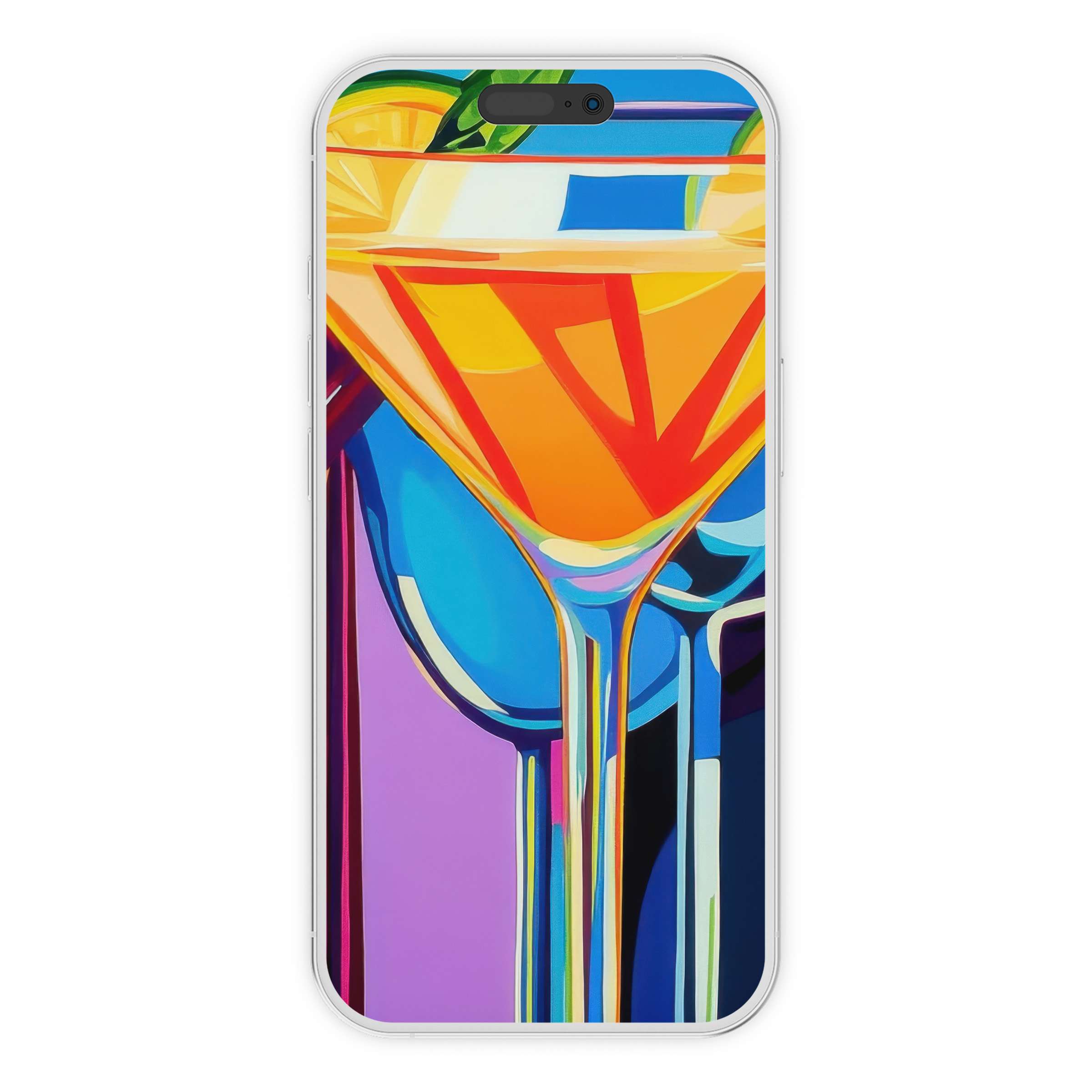 Vibrant pop art iPhone wallpaper with abstract glasses and citrus colors, perfect digital download phone background for elegance