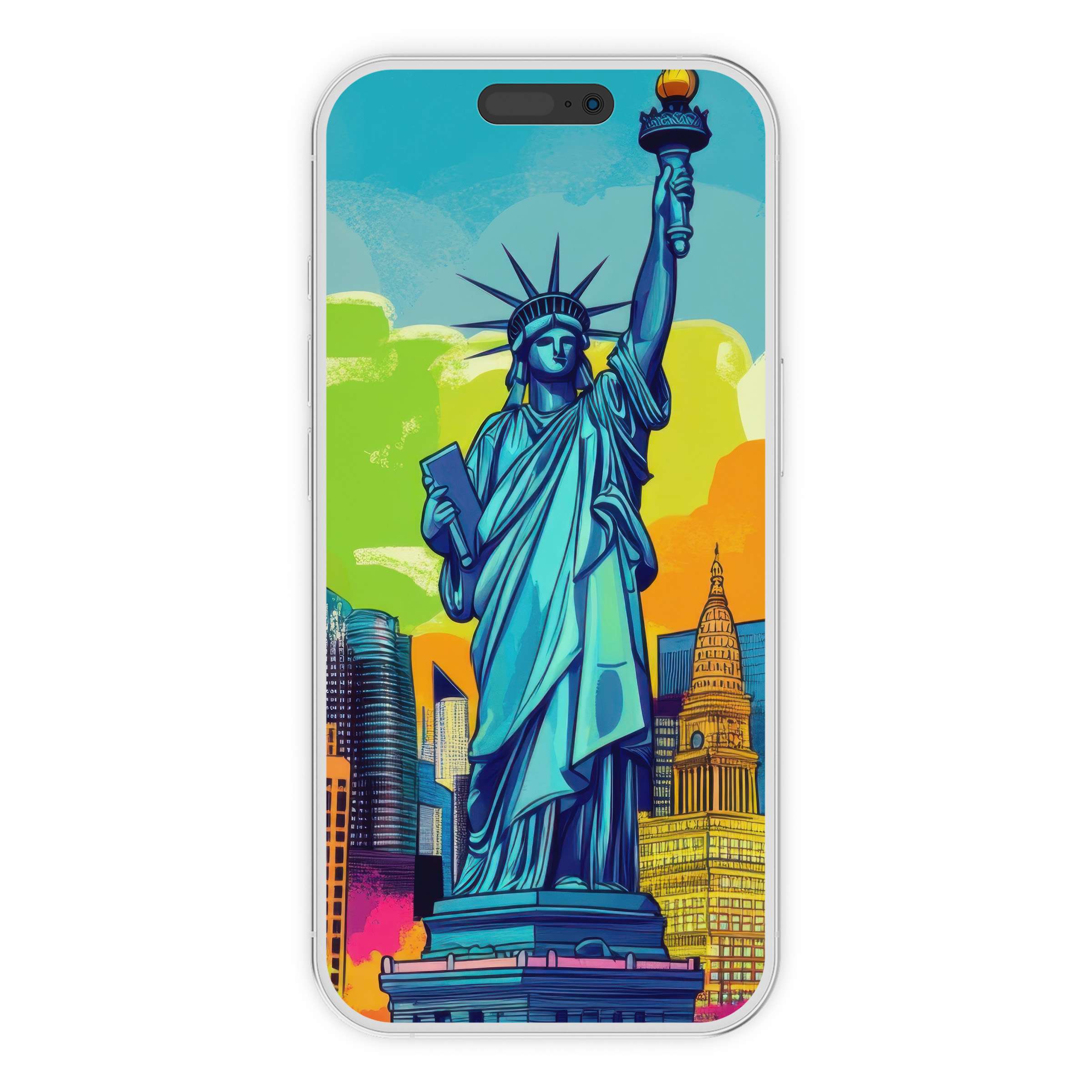 Vibrant pop art iPhone wallpaper of the Statue of Liberty, a colorful phone background; digital download offers cityscape elegance
