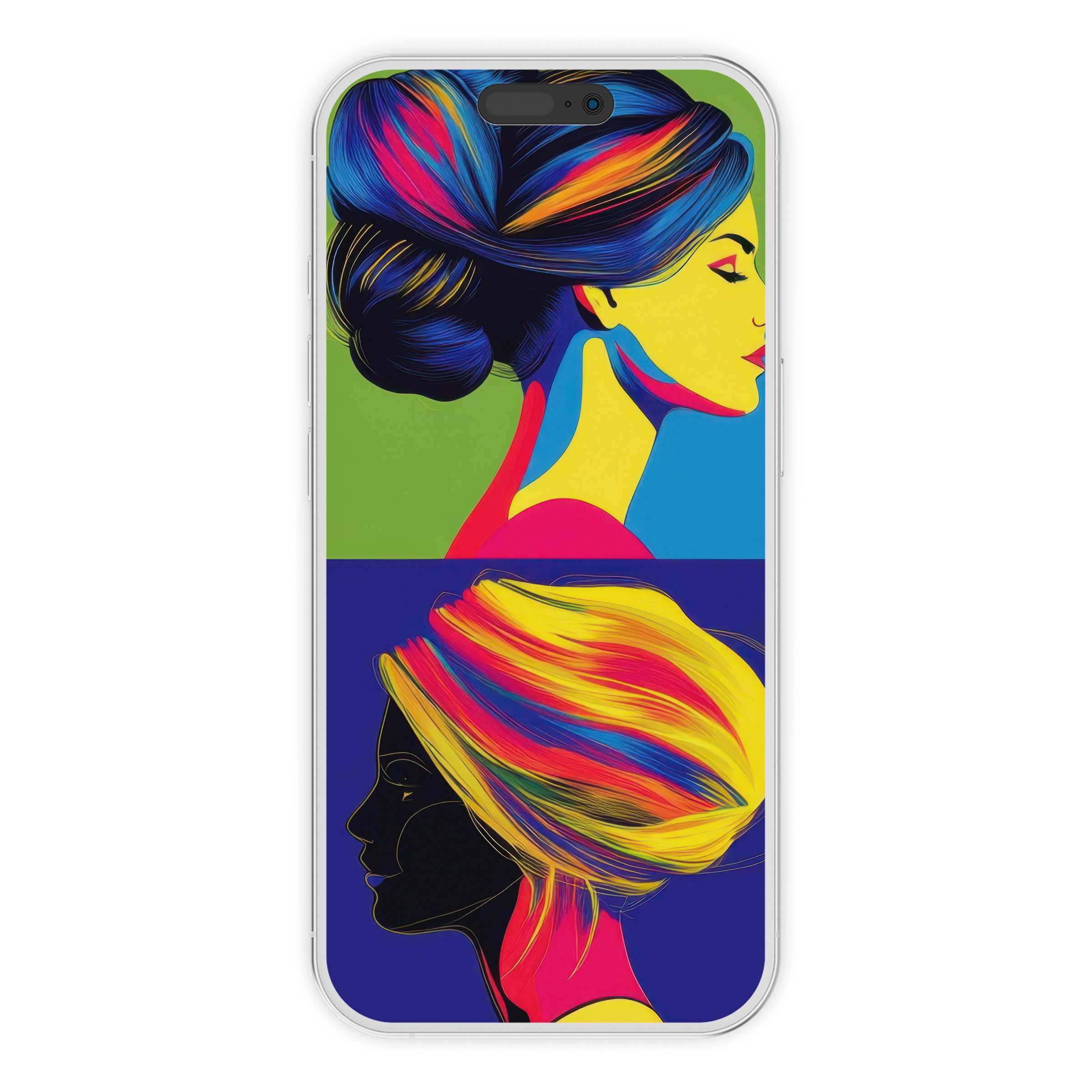 Vibrant pop art iPhone wallpaper featuring elegant female profiles in bold hues offers a calming digital download for phone backgrounds