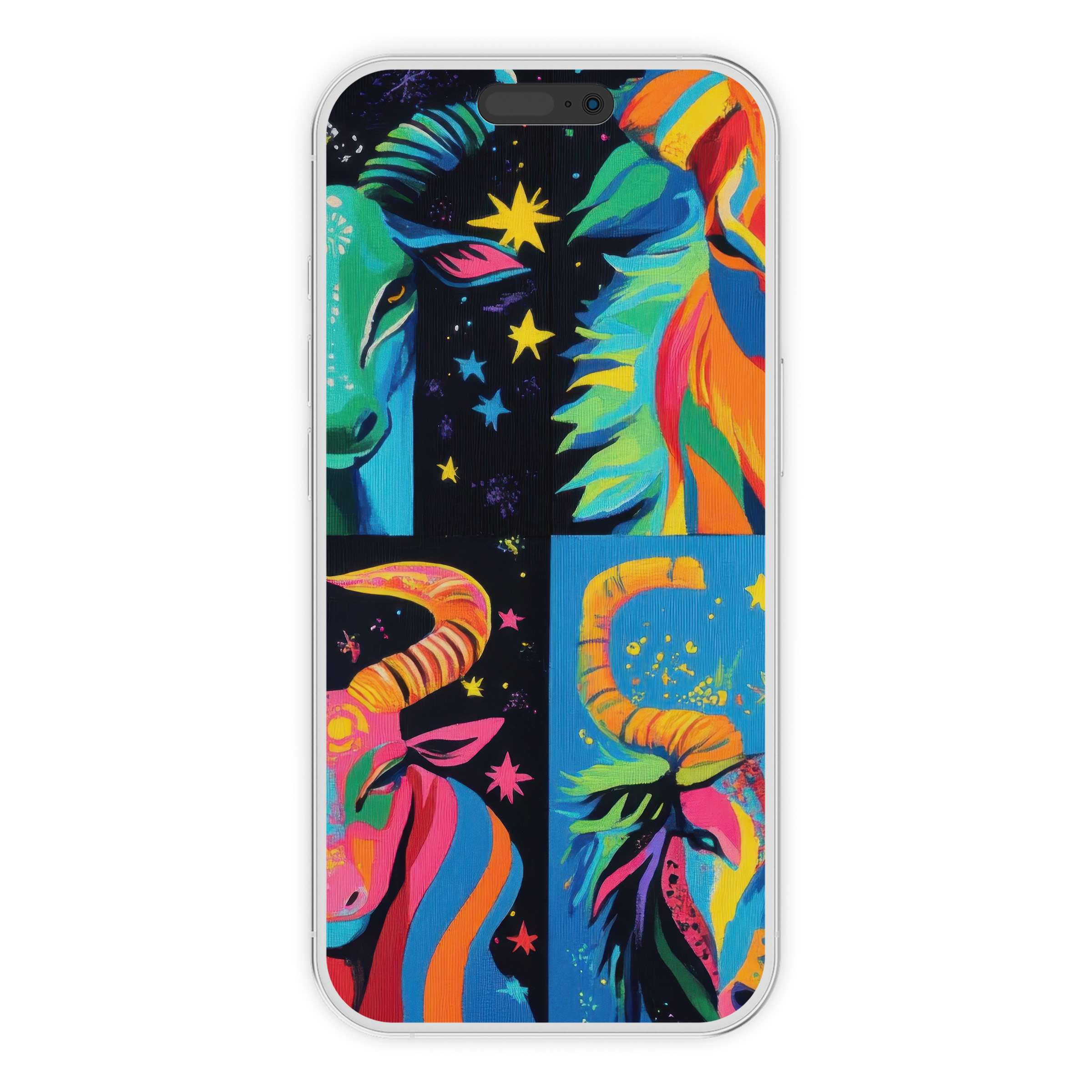Vibrant pop art iPhone wallpaper featuring colorful animals and stars enhances phone aesthetics; a digital download for serene backgrounds