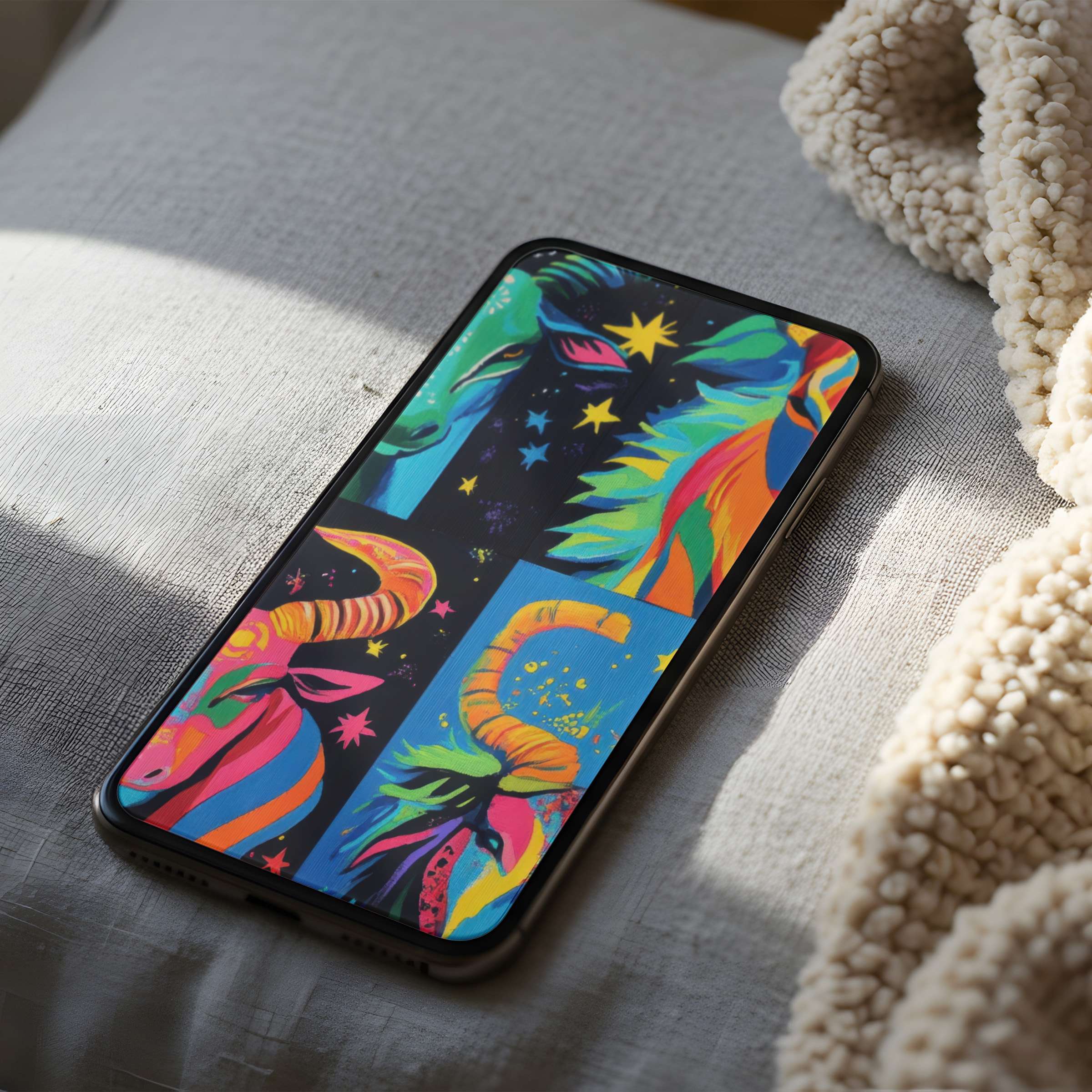 Vibrant digital phone wallpaper featuring cosmic animal motifs in bold colors, ideal for curated high-resolution iPhone downloads