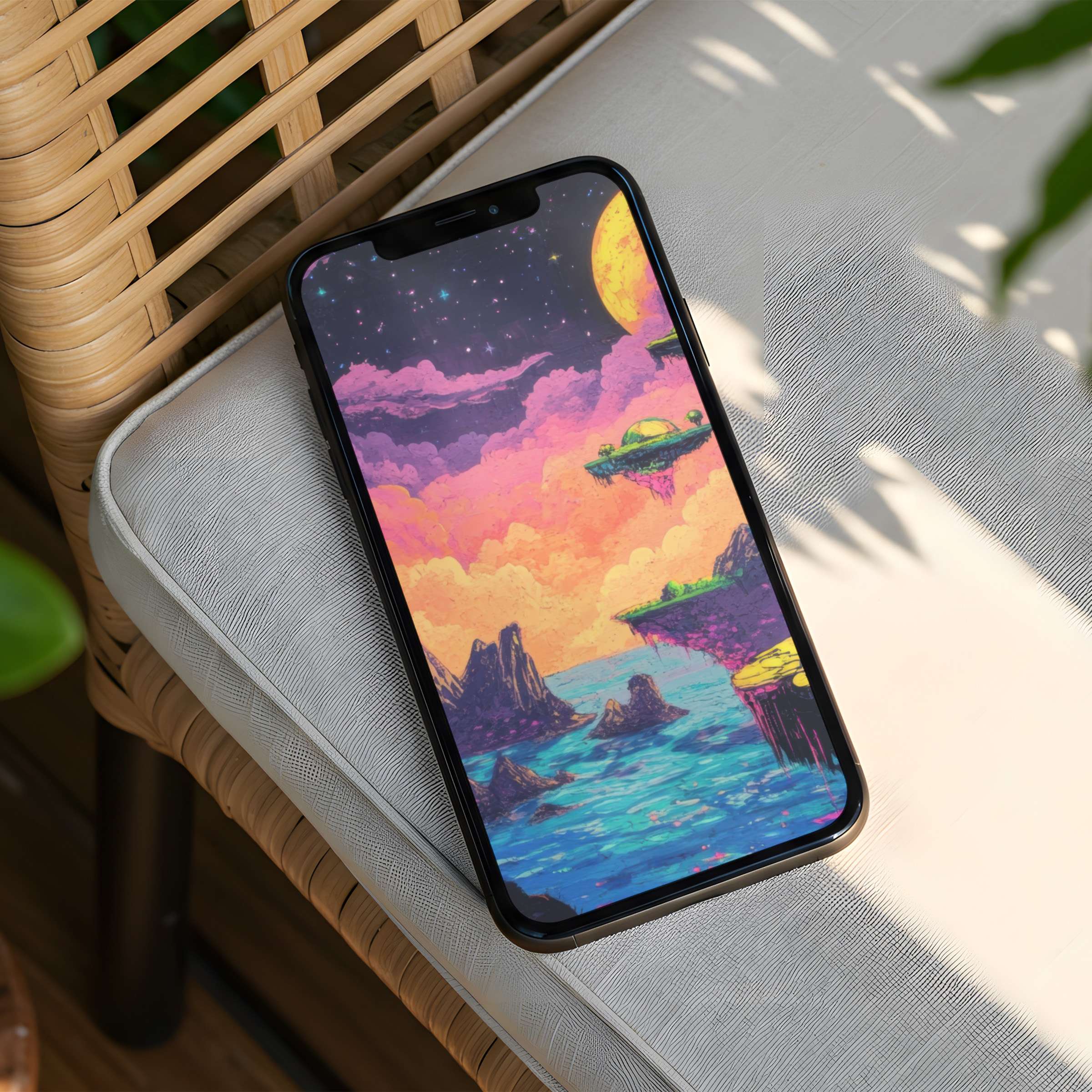 Vibrant cosmic landscape iPhone background evokes calm and mindfulness with its serene pink skies and sea instant download for any phone