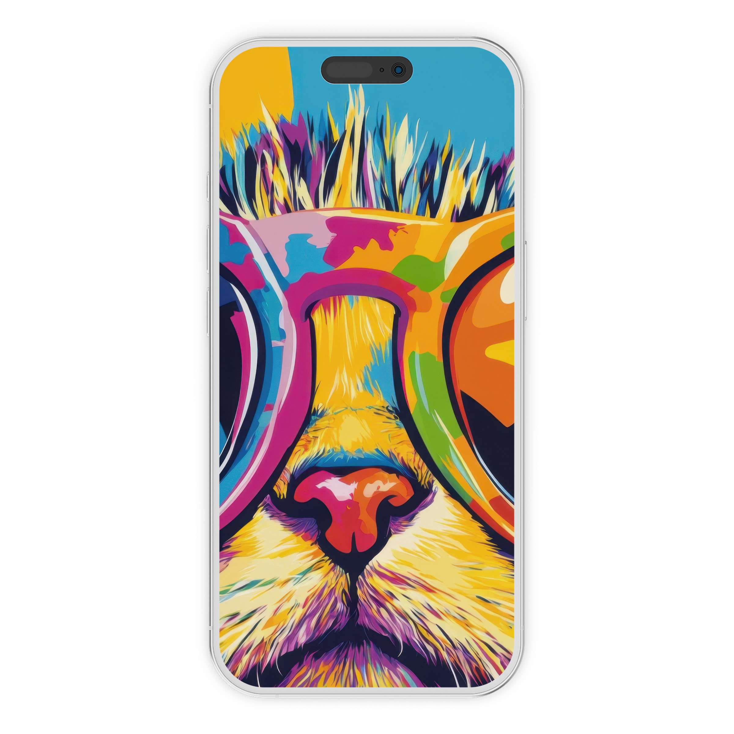 Vibrant pop art iPhone wallpaper with a colorful cat in sunglasses, perfect phone background for digital download and style