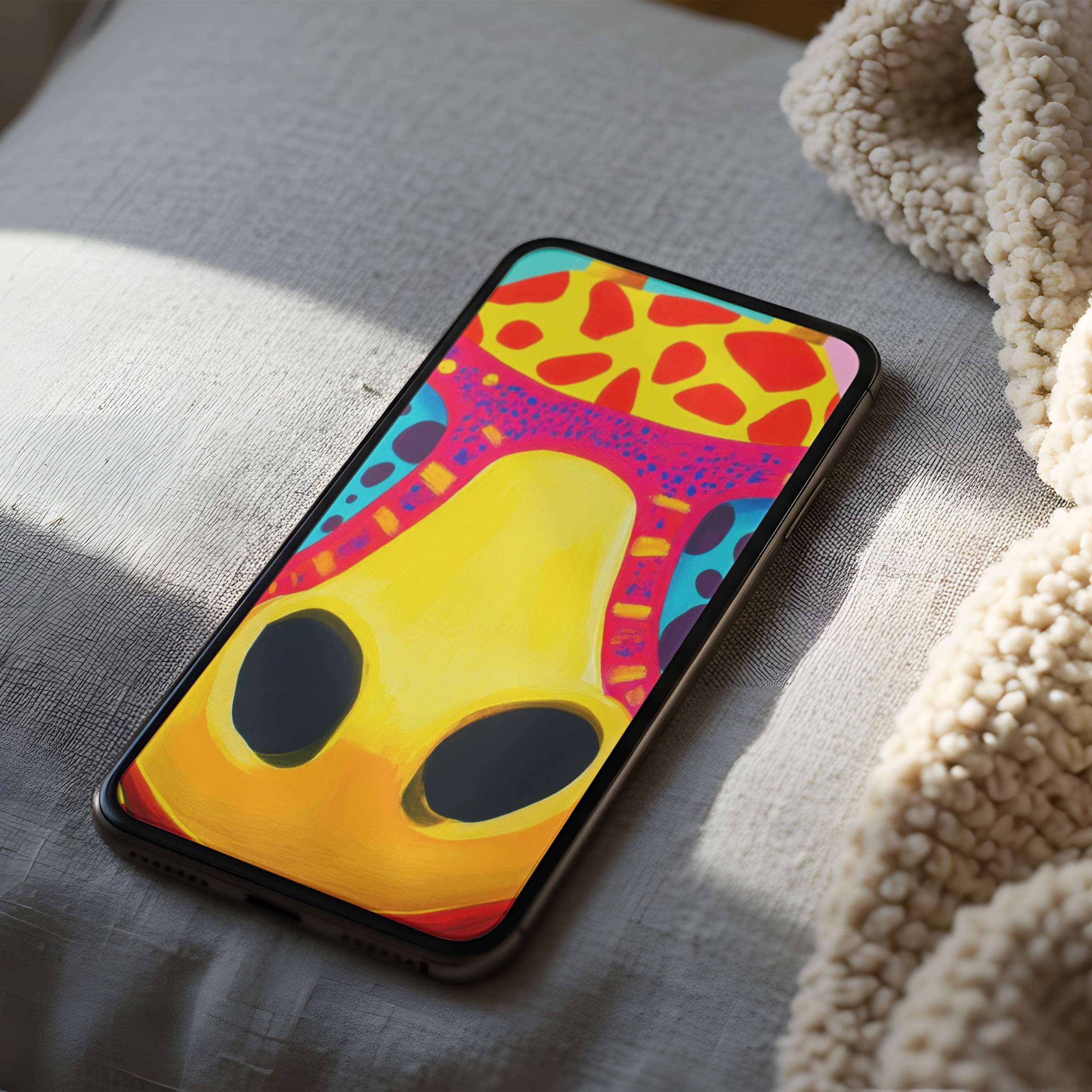 Colorful abstract phone wallpaper features vibrant yellow, red, and blue patterns on a high-resolution iPhone screen, ideal for digital download