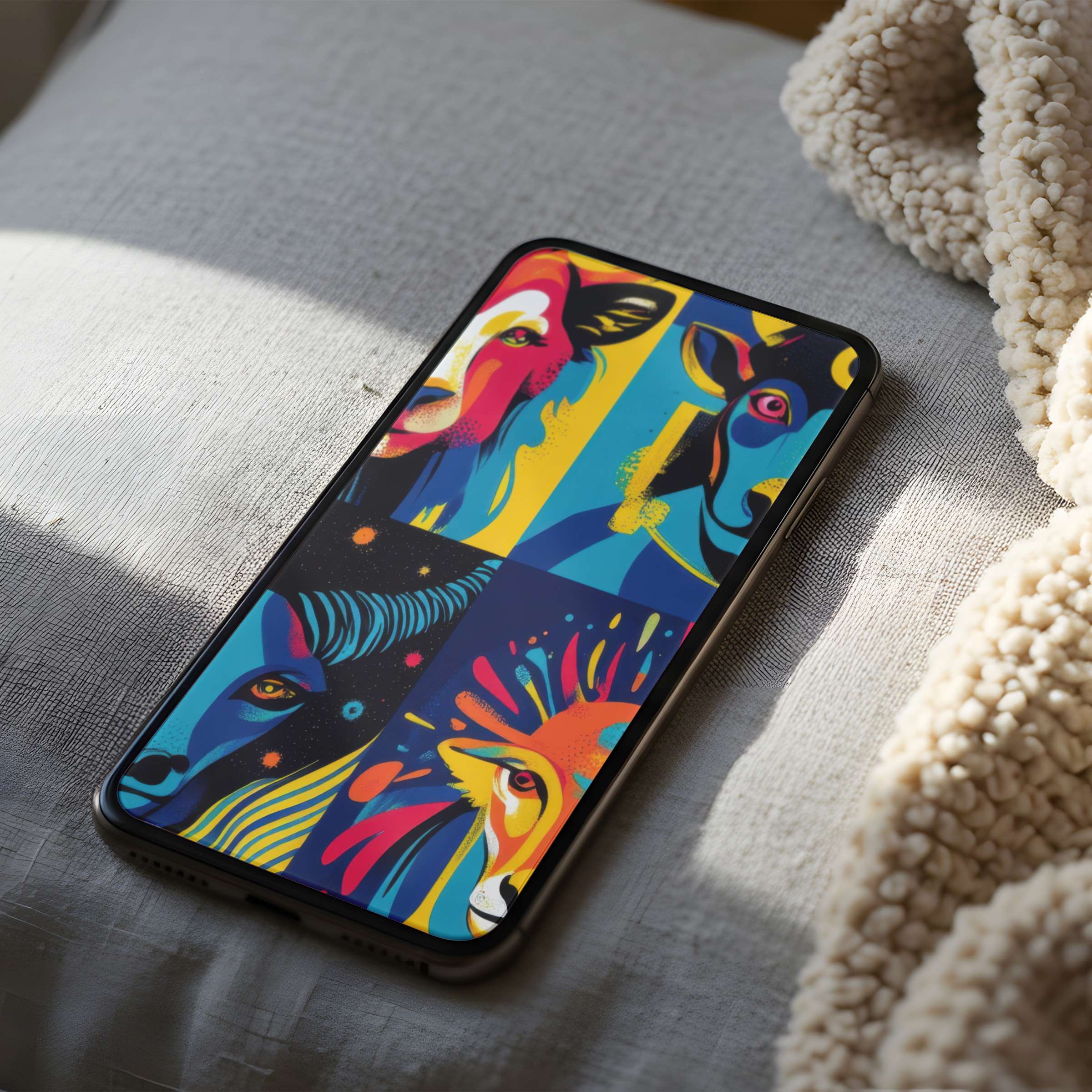 Vibrant animal collage phone wallpaper in bold colors offers an elegant digital download for iPhone and Android high-resolution screens
