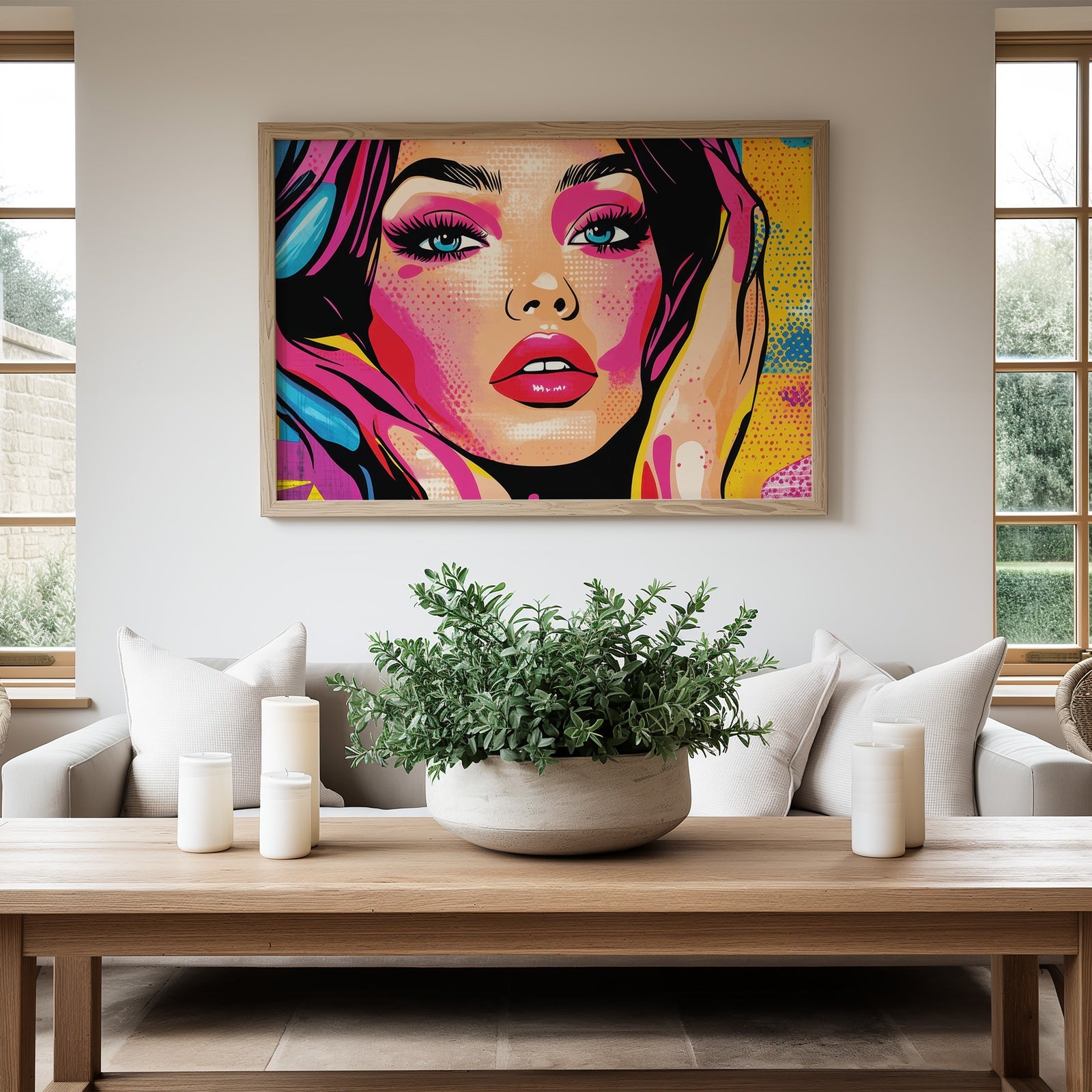 Pop art printable wall art featuring a bold, colorful portrait of a woman with vibrant pink, blue, and yellow tones, displayed above a modern beige sofa in a bright, stylish living room