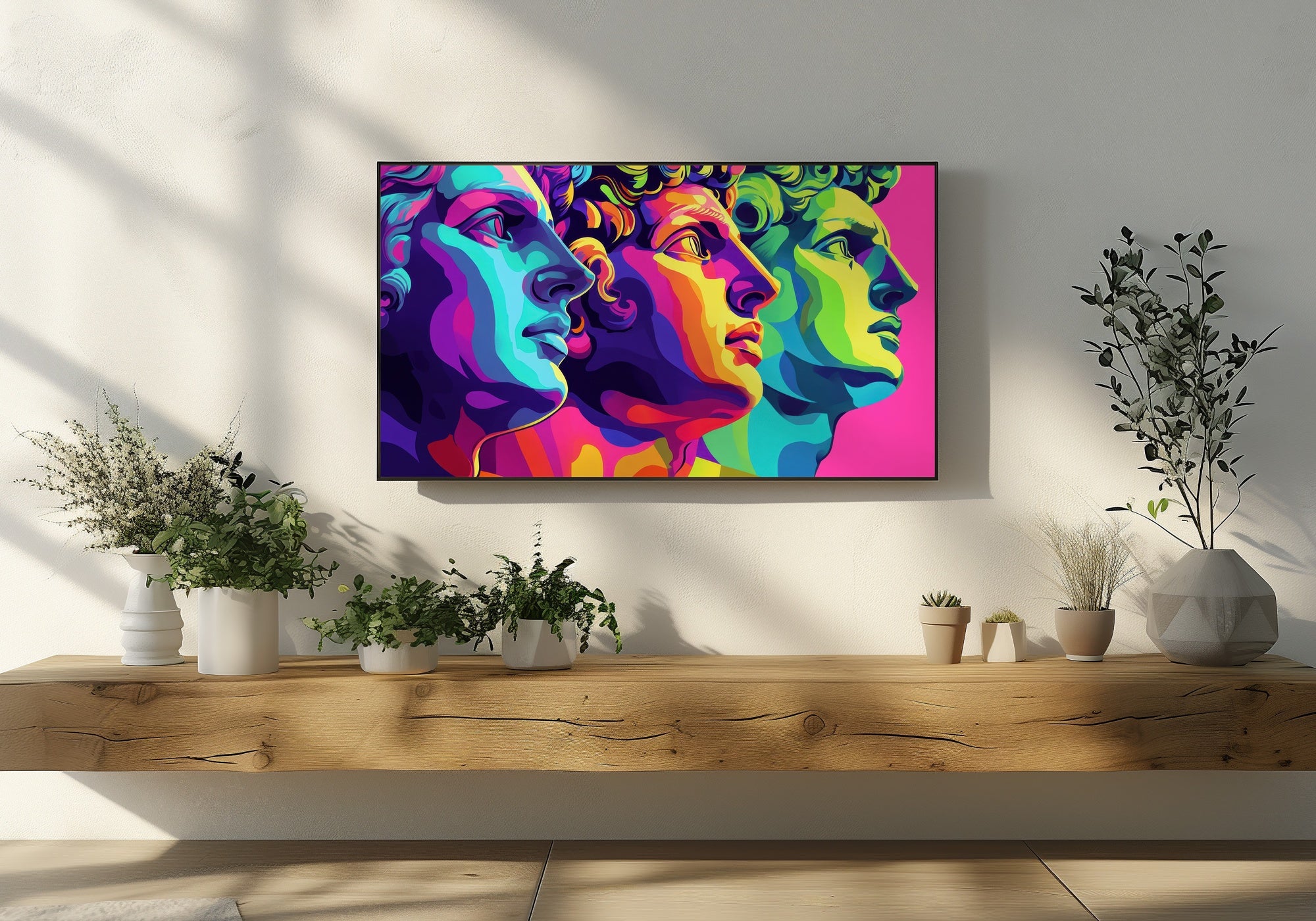 Pop Art Frame TV artwork featuring a vibrant, multicolored interpretation of classical sculptures against a bold pink background - a striking digital design for Samsung Frame TV that adds energy, creativity, and modern style to your living space