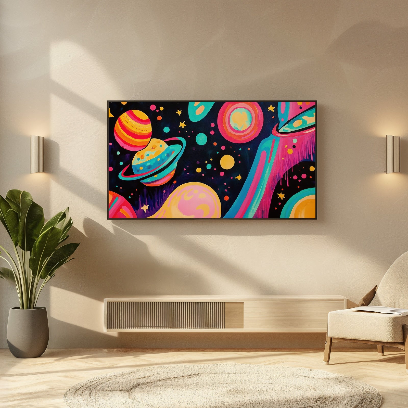 Pop Art Frame TV Art with Planets and Stars in Modern Living Room