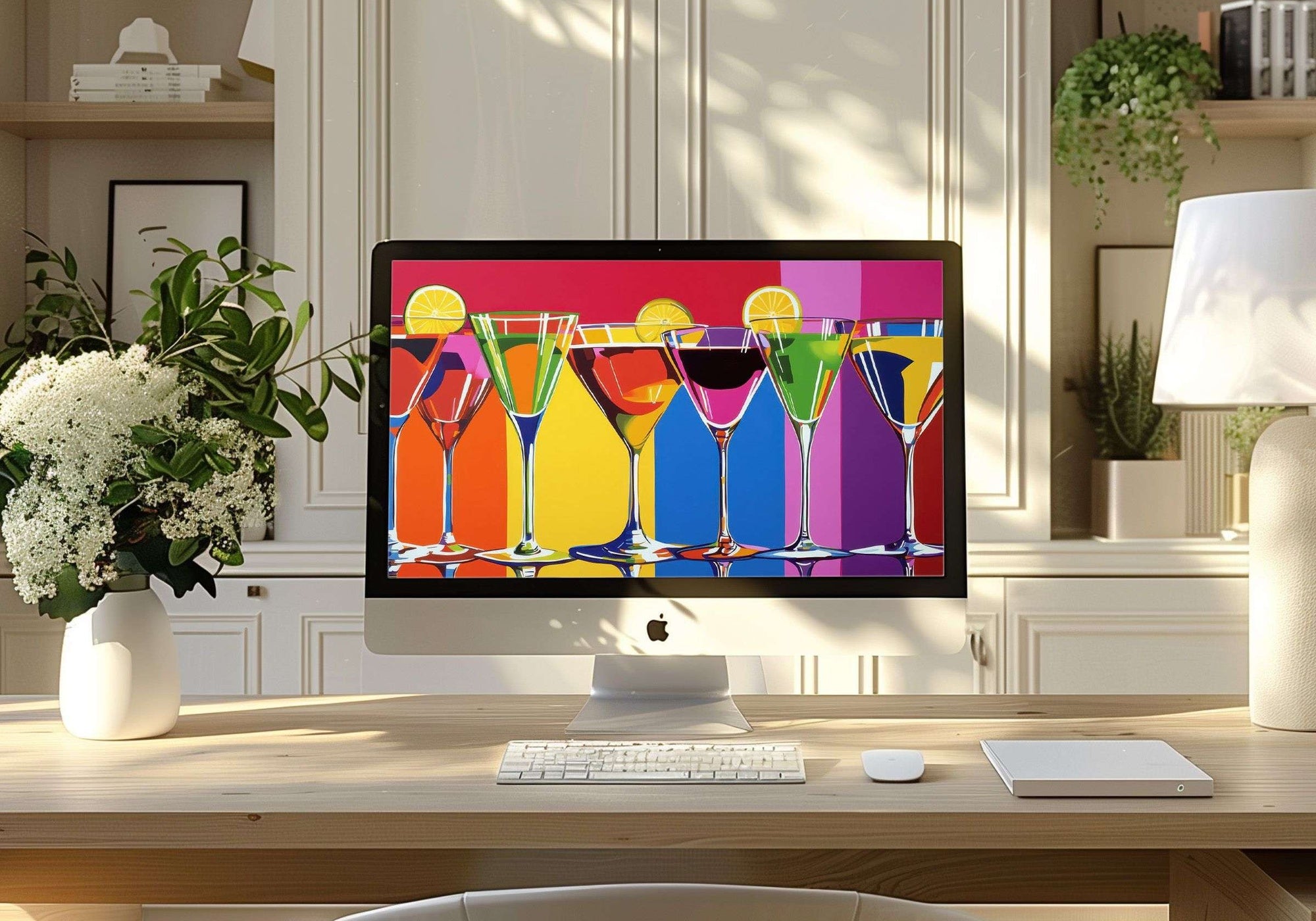 Pop Art desktop wallpaper featuring colorful cocktail glasses in bold geometric style - a vibrant and playful digital background that brings modern energy, creativity, and artistic flair to your workspace