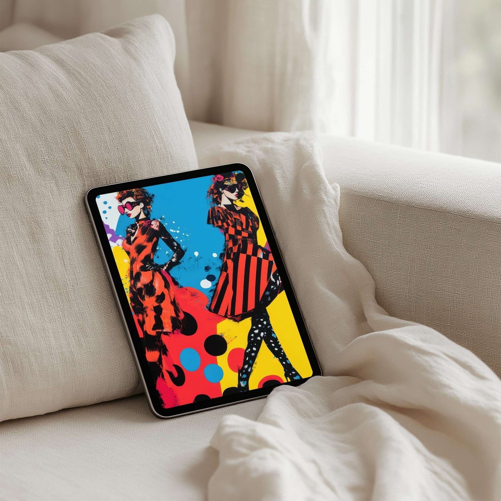Pop art iPad wallpaper with bold runway-inspired figures in vibrant red, yellow, and blue tones, energetic tablet background that adds artistic flair and modern creativity to your digital space