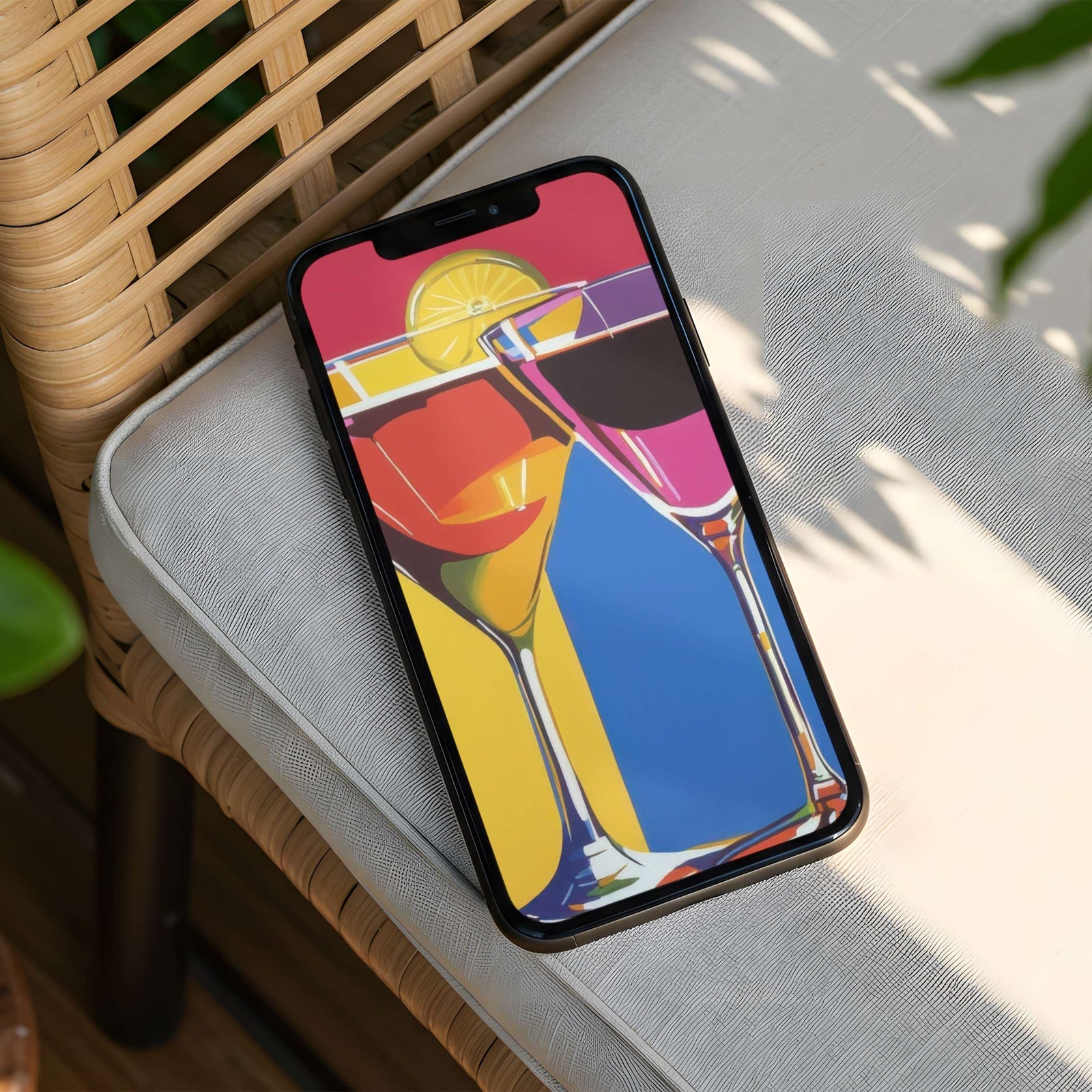 Pop art phone wallpaper featuring bold cocktail glasses in vibrant neon colors - a lively, stylish background for a confident and modern home screen.