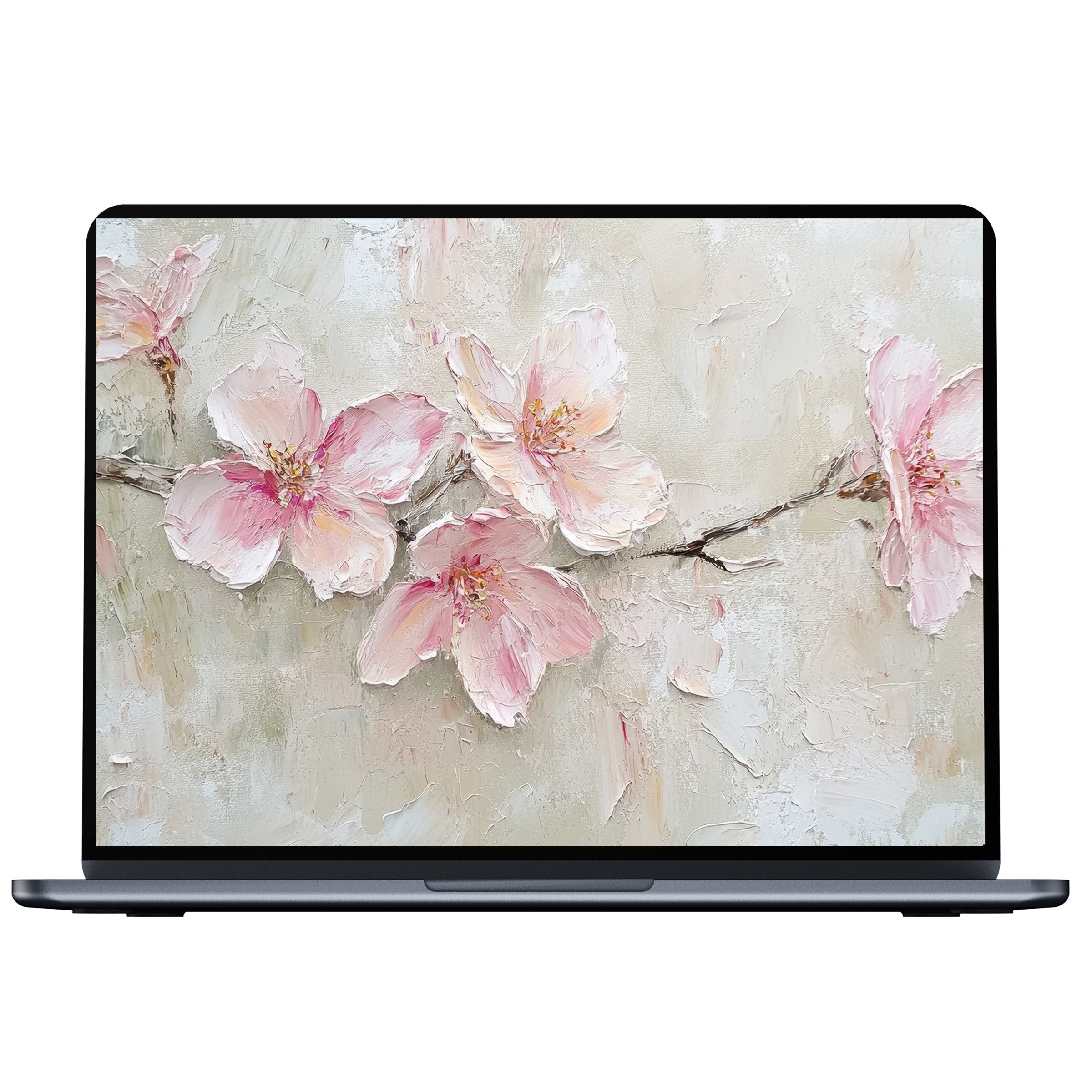 Spring desktop wallpaper digital download with soft pink cherry blossoms in textured brush strokes for PC and laptop screens