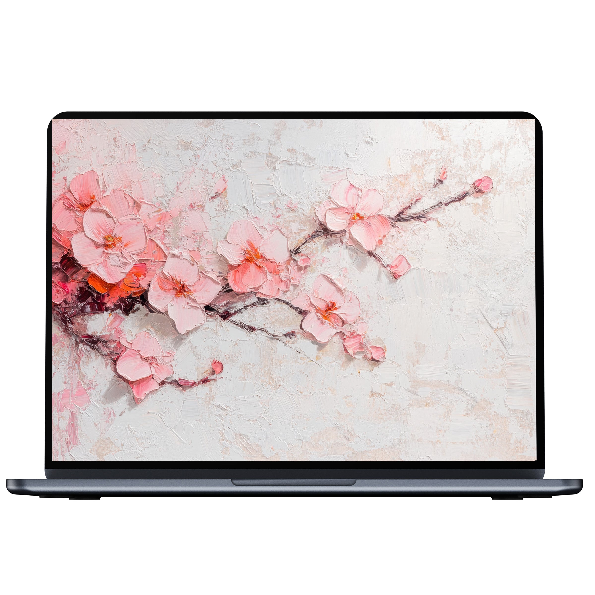 Elegant spring desktop wallpaper digital download featuring textured pink blossoms on a serene canvas, ideal for PC or laptop screens