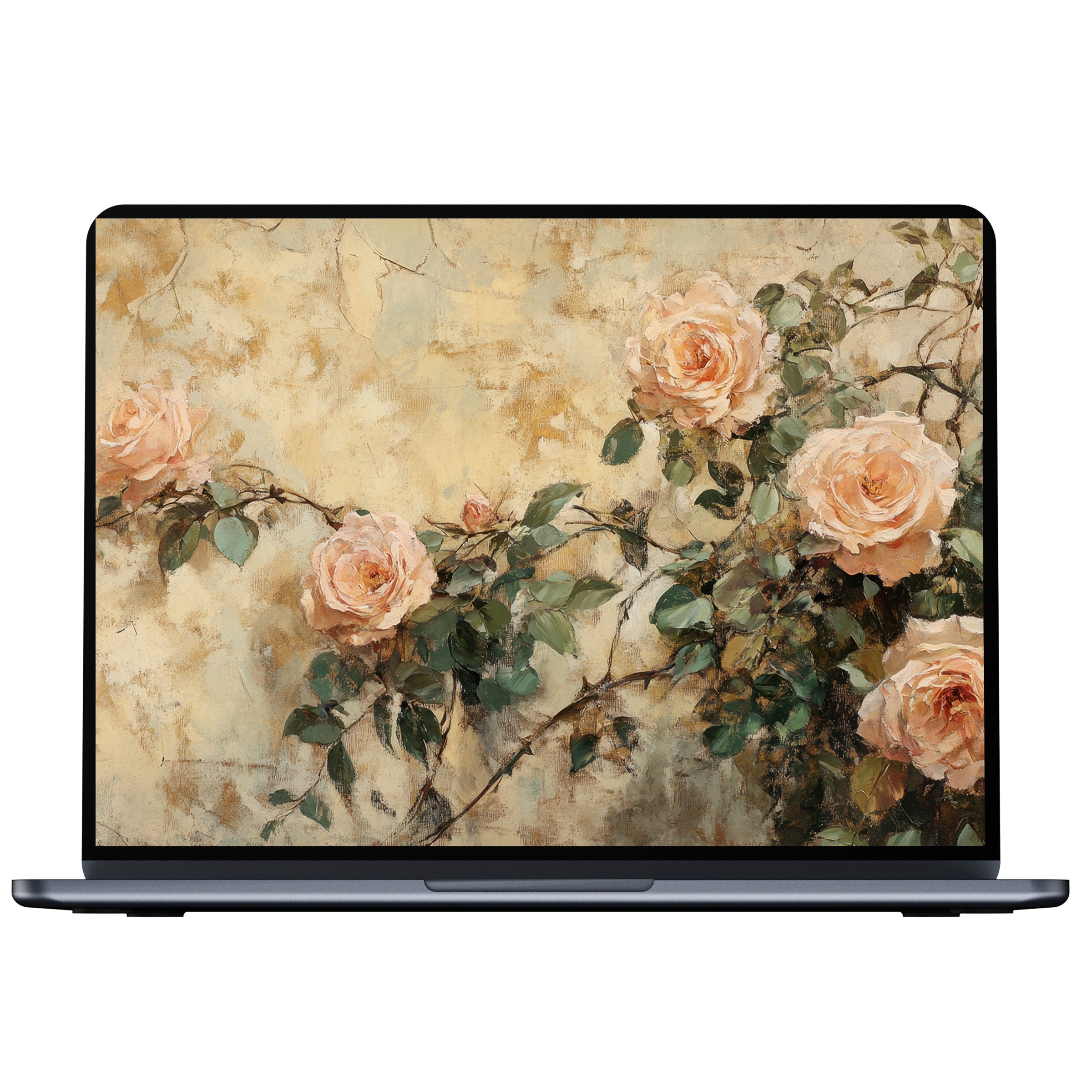 Elegant spring desktop wallpaper featuring soft pink roses and lush green leaves, a serene digital download for PC or laptop users