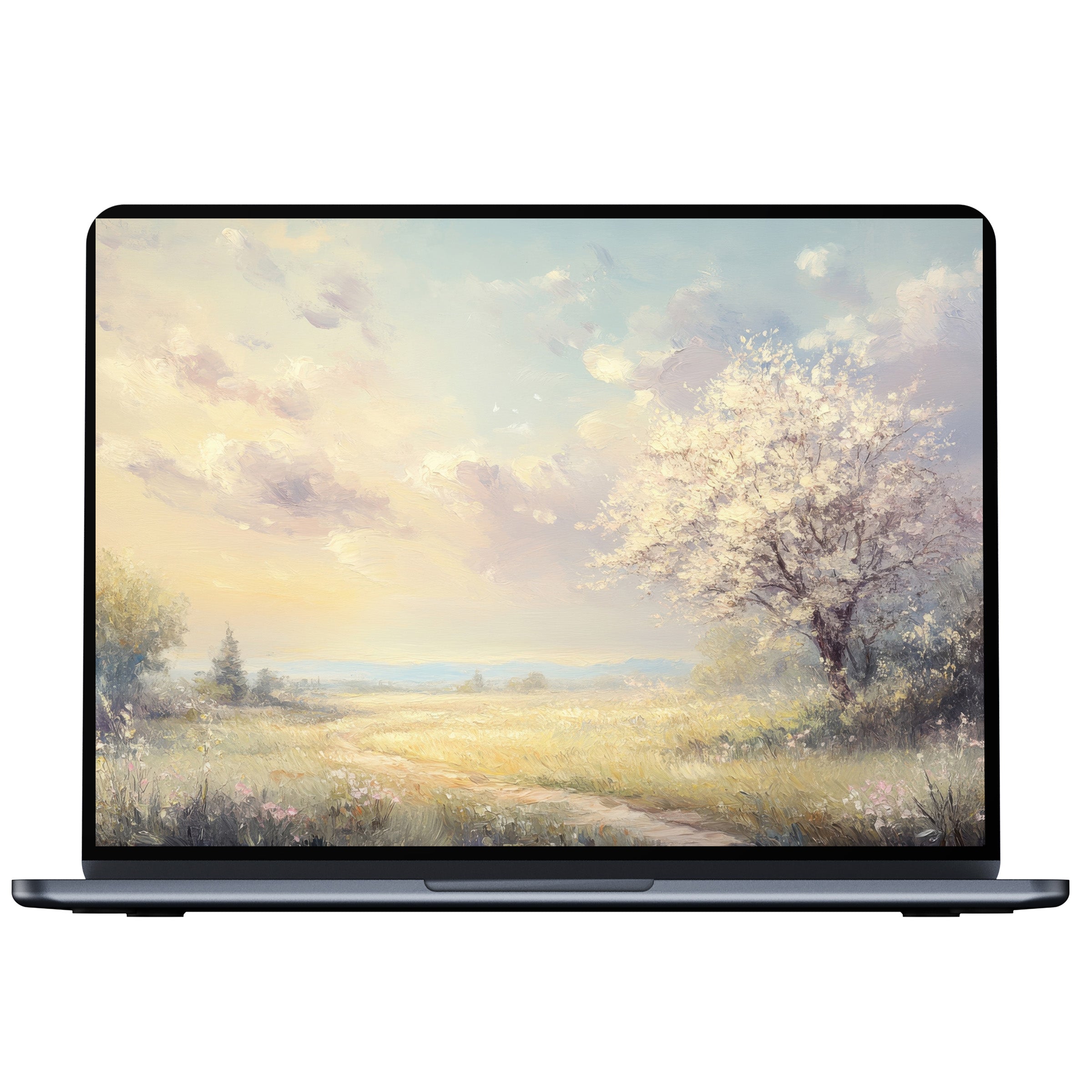 Elegant spring desktop wallpaper with serene pastel skies and blossoming tree for digital download, perfect for PC and laptop