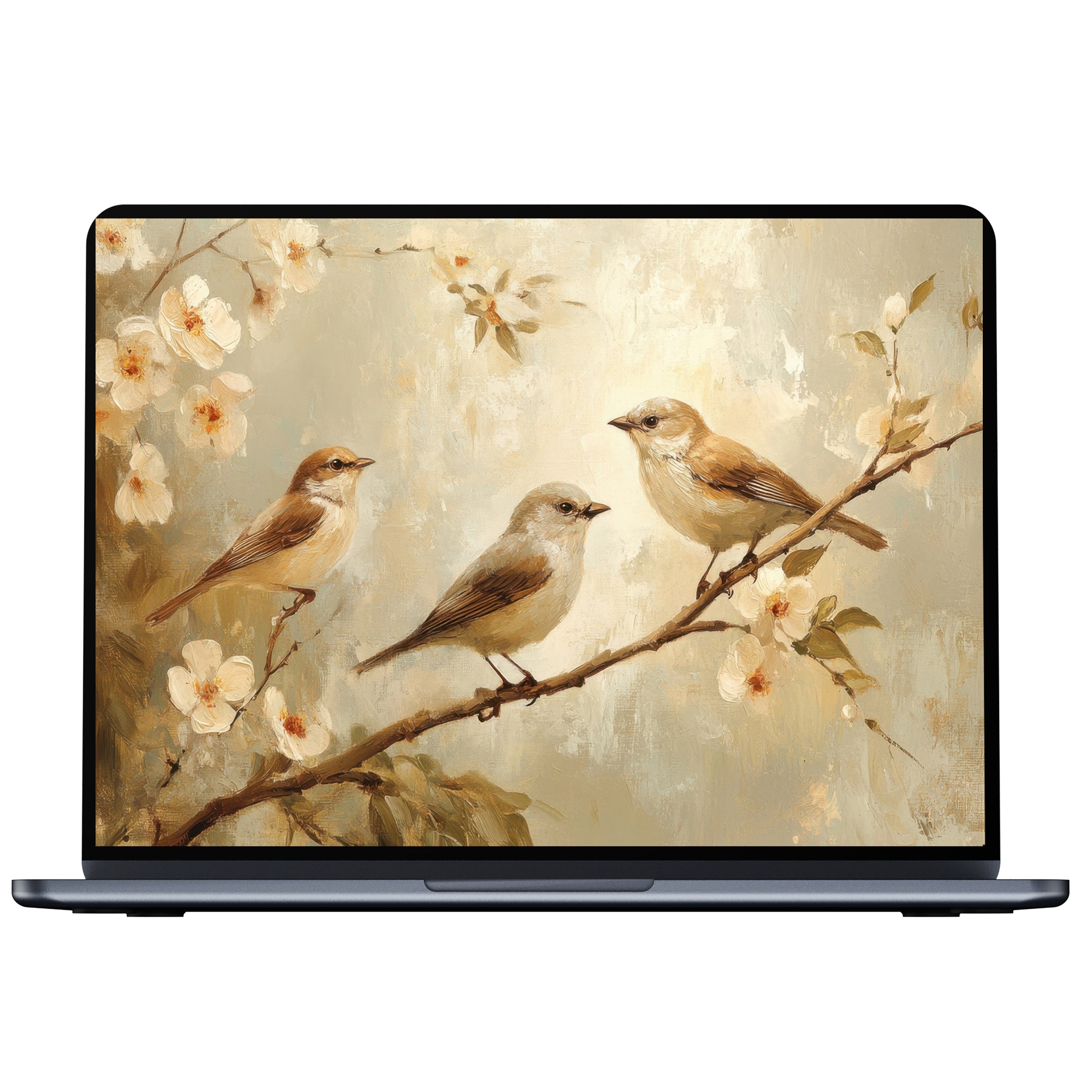 Spring desktop wallpaper with birds on blossoms in soft pastels offers digital download for pc and laptop inspiring elegance