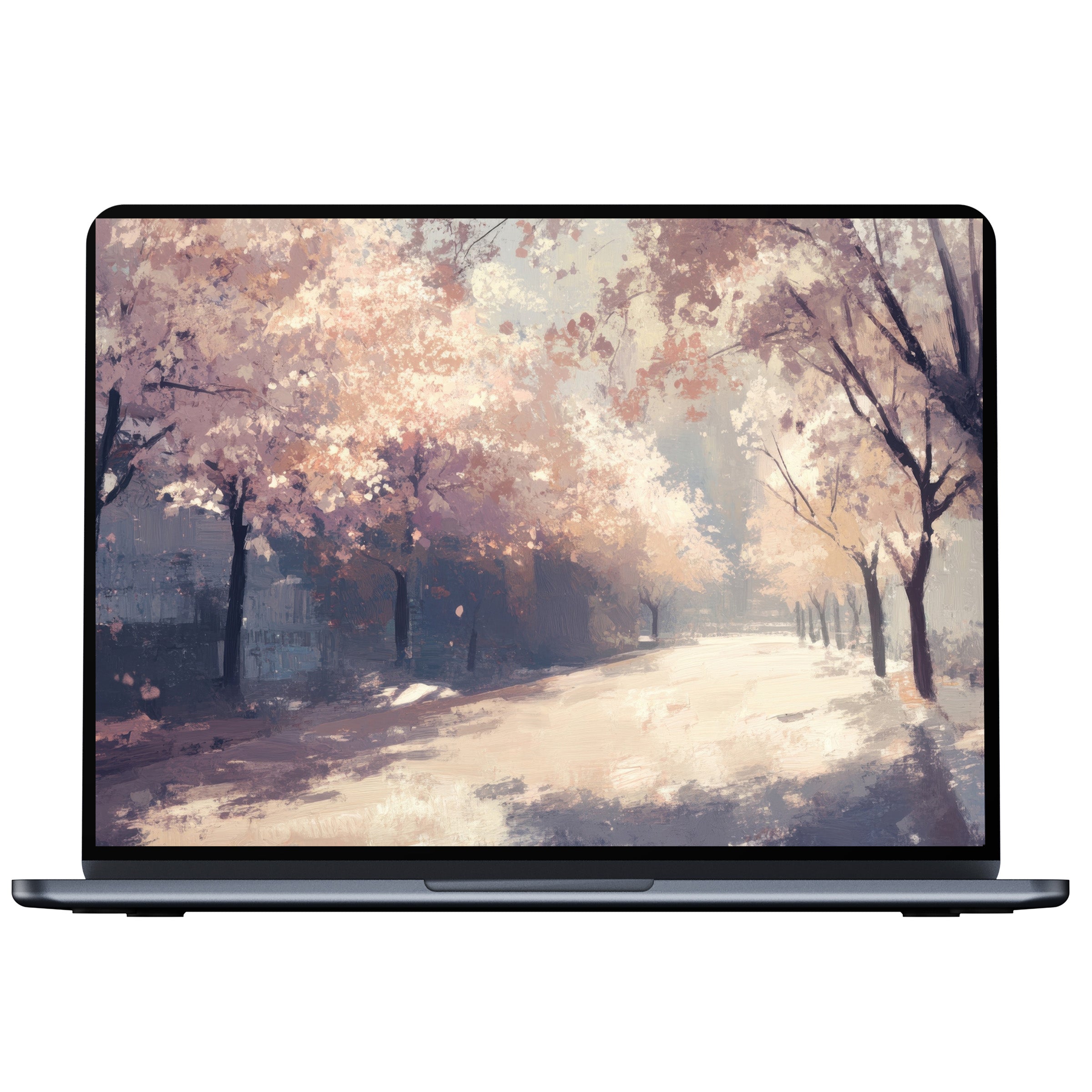 Spring desktop wallpaper featuring delicate pastel blossoms on trees in serene light, available for digital download, fits PC or laptop