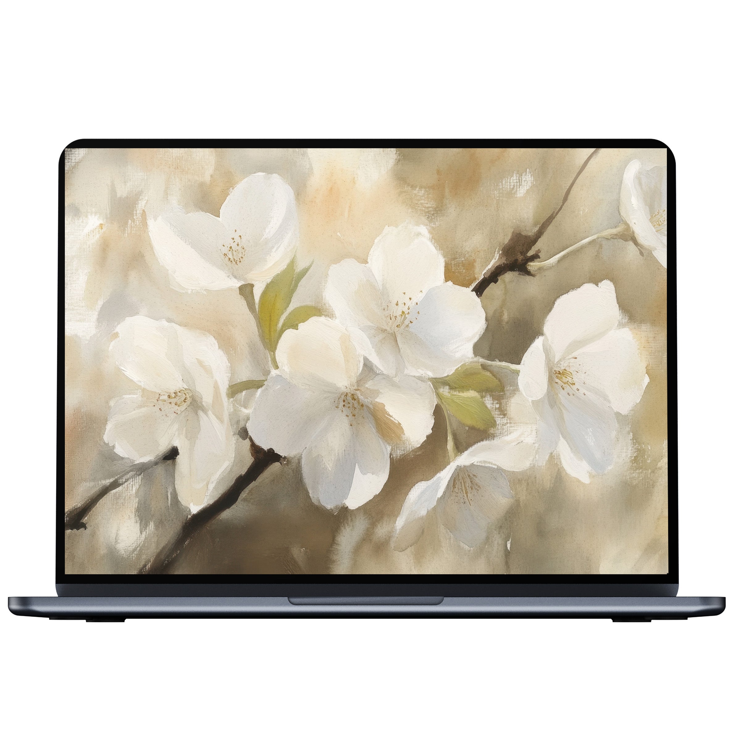 Elegant spring desktop wallpaper with soft white blossoms on a beige background digital download for PC laptop Mac tranquility