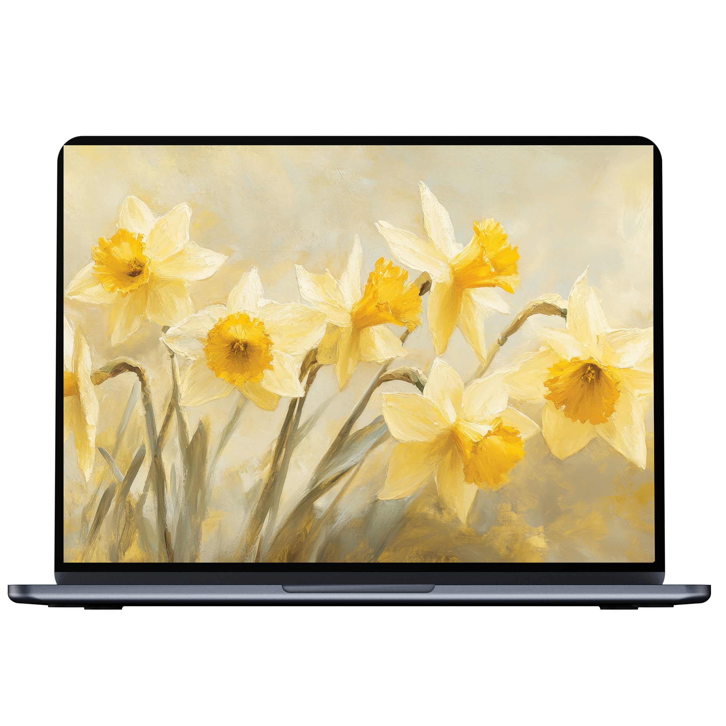 Elegant spring desktop wallpaper with serene yellow daffodils in a soft texture digital download ideal for PC or laptop screens