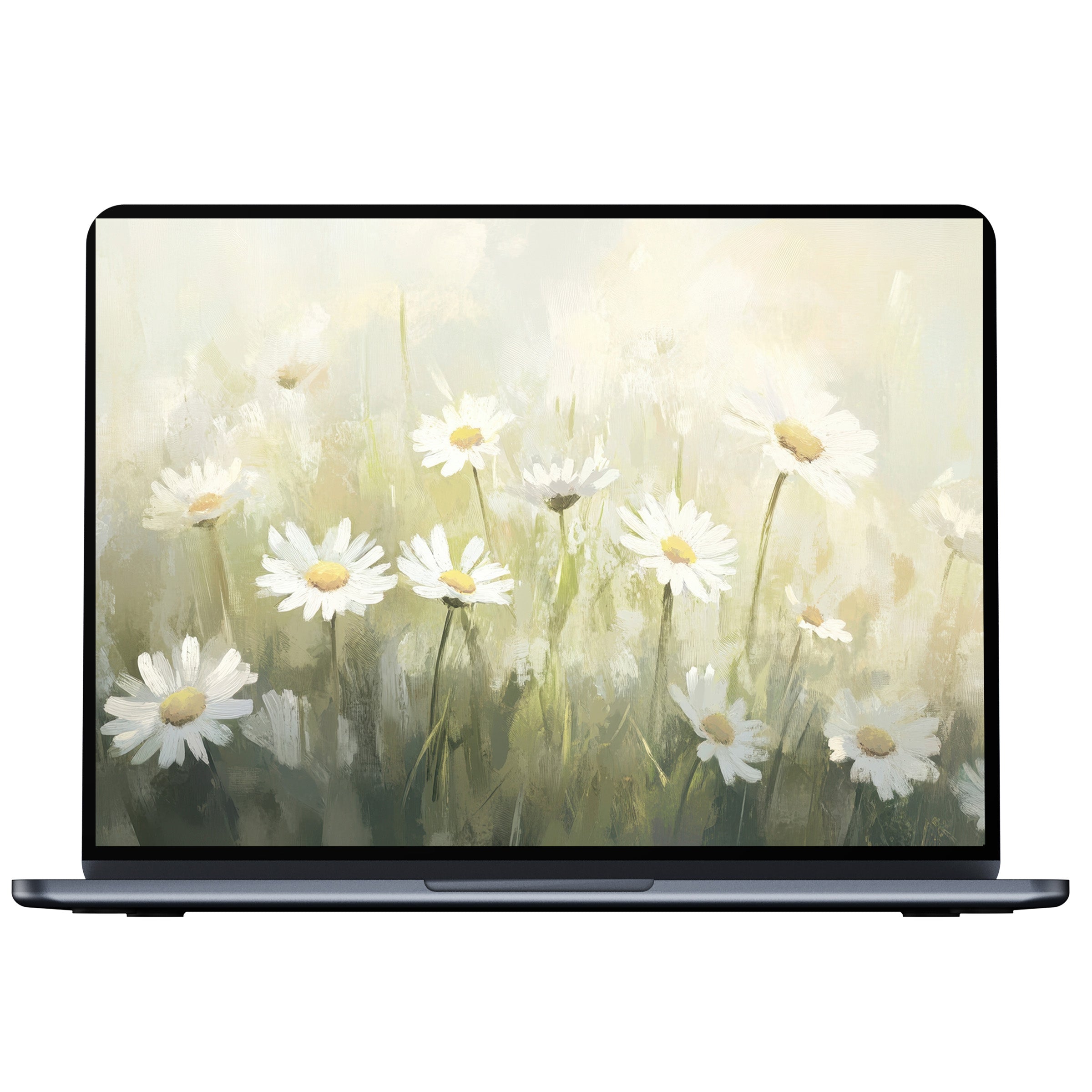 Spring desktop wallpaper featuring serene daisies in a soft pastel palette, perfect digital download for PC or laptop screens