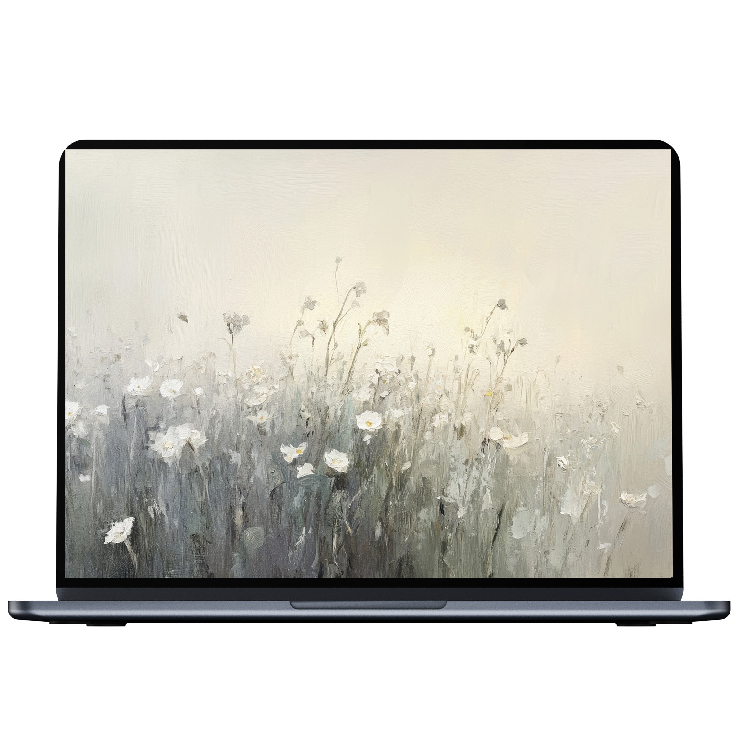 Elegant spring desktop wallpaper with serene white flowers in a soft, impressionist style, perfect digital download for PC or laptop