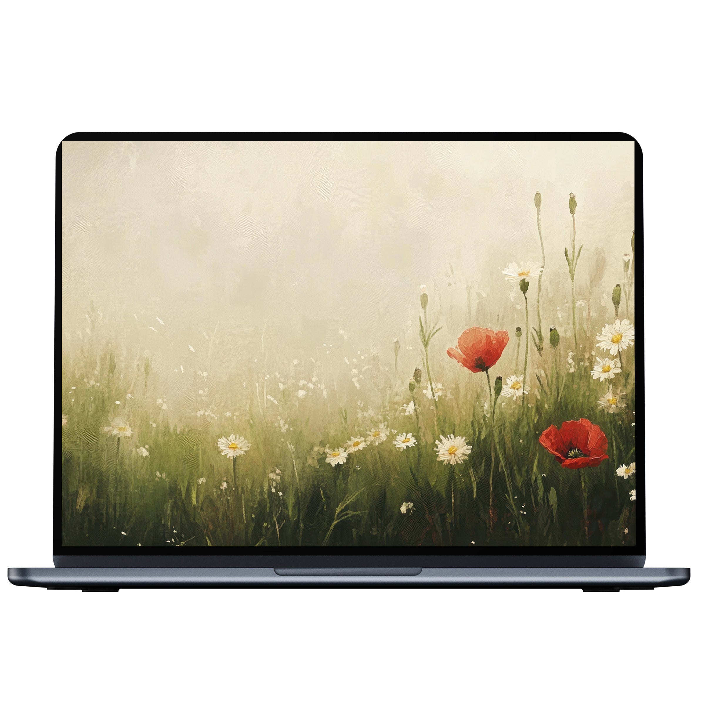 Elegant spring desktop wallpaper featuring serene meadow with red poppies and daisies digital download for PC and laptop screens