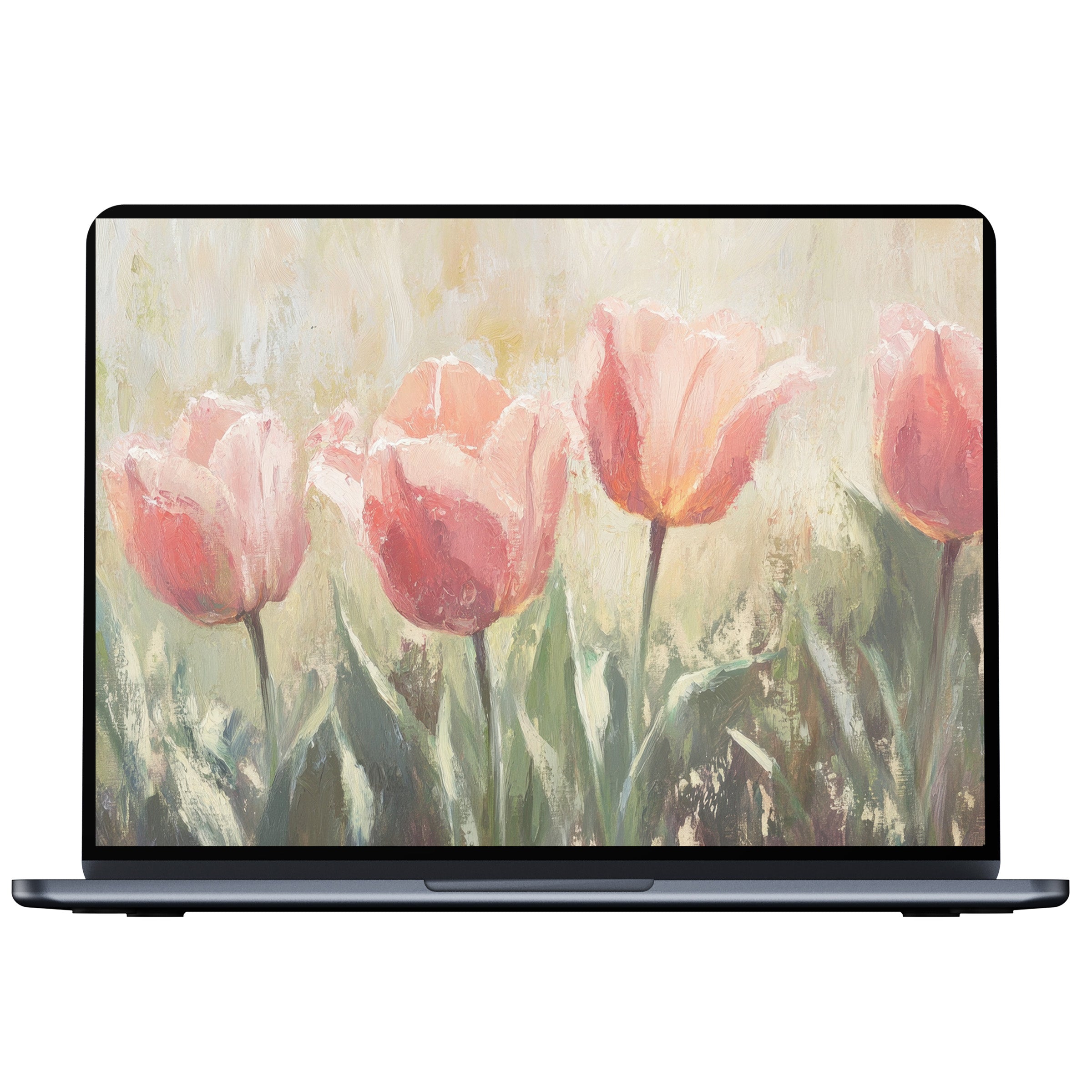 Spring desktop wallpaper digital download with elegant tulips in pastel hues embodying calm and inspiration for PC and laptop