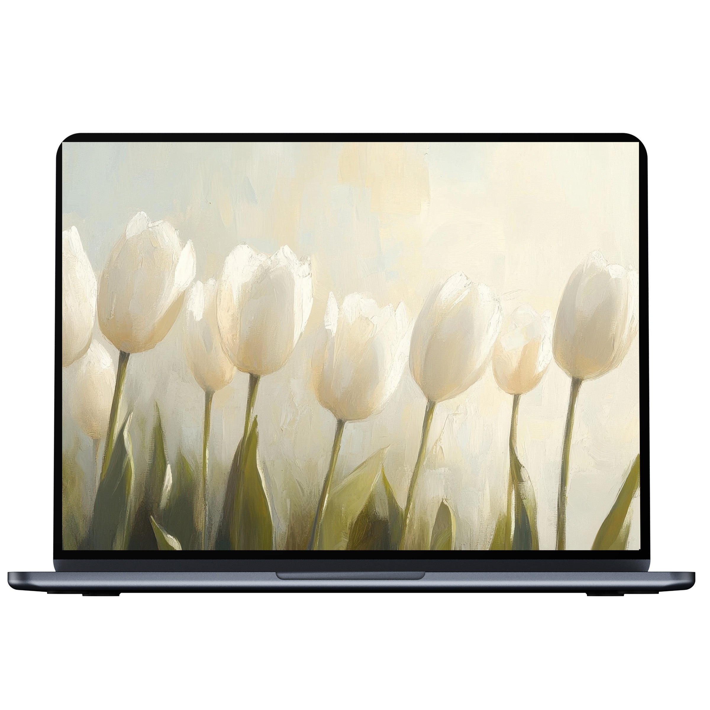 Elegant spring desktop wallpaper featuring serene white tulips in a soft, calming palette for PC and laptop digital download