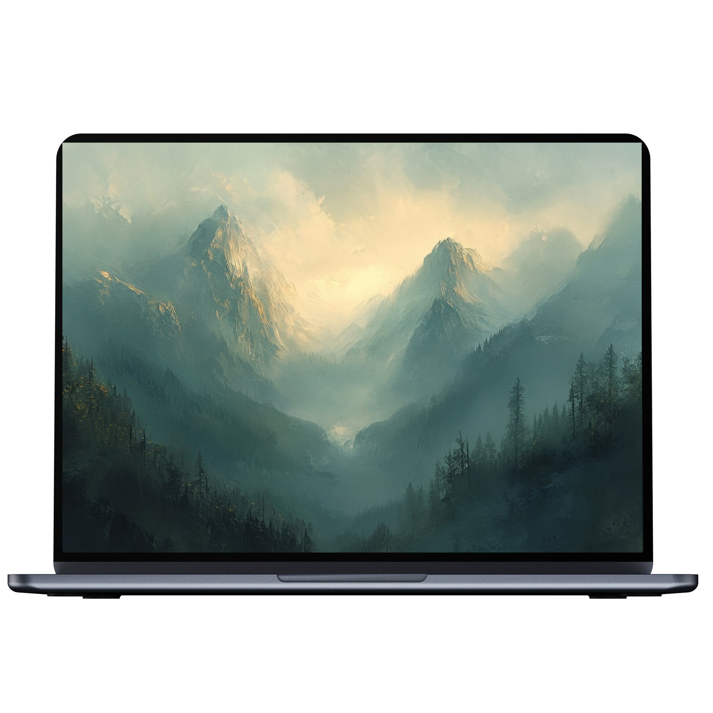 Spring desktop wallpaper featuring serene mountain landscape in misty greens, ideal digital download for PC and laptop users seeking calm
