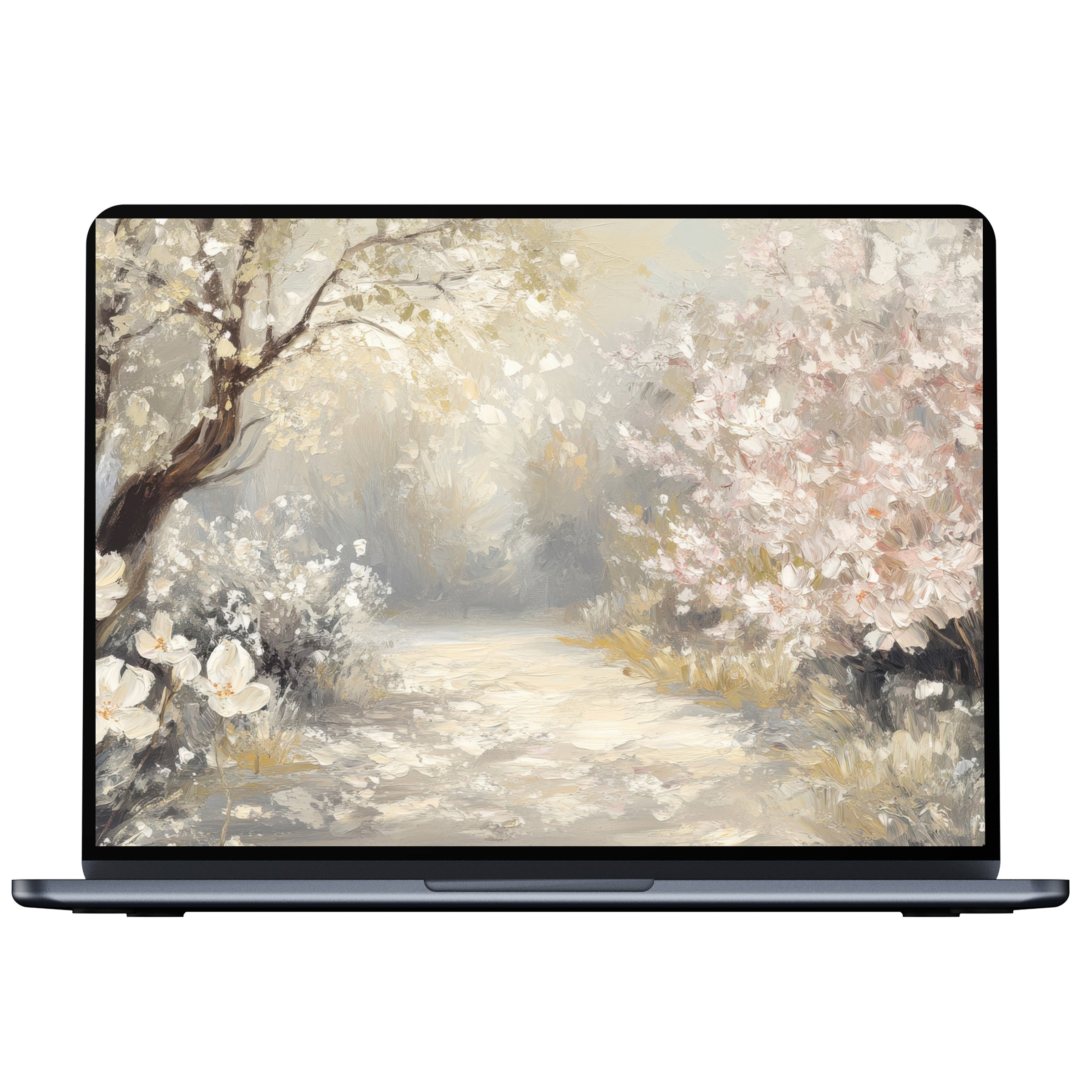 Elegant spring desktop wallpaper featuring a serene pastel pathway and blossoms, perfect digital download for PC, laptop, and Mac